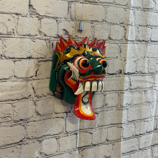 25cm Rangda Demon Green Dragon Hindu Deity Wooden Hand Carved Mask Painted0