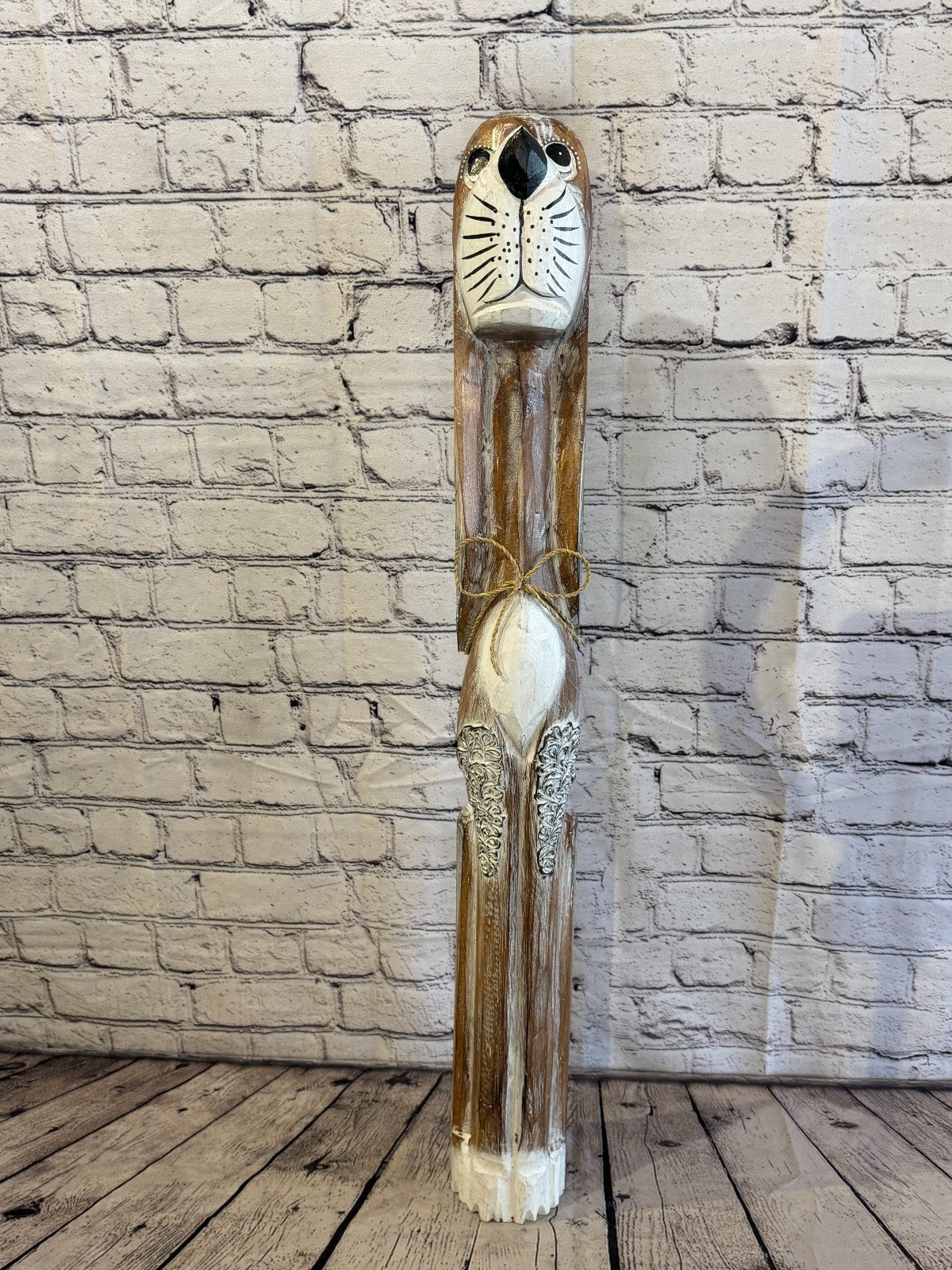 80cm Light Brown Wooden Shabby Dog Statue Ornament Fair Trade Handcarved1