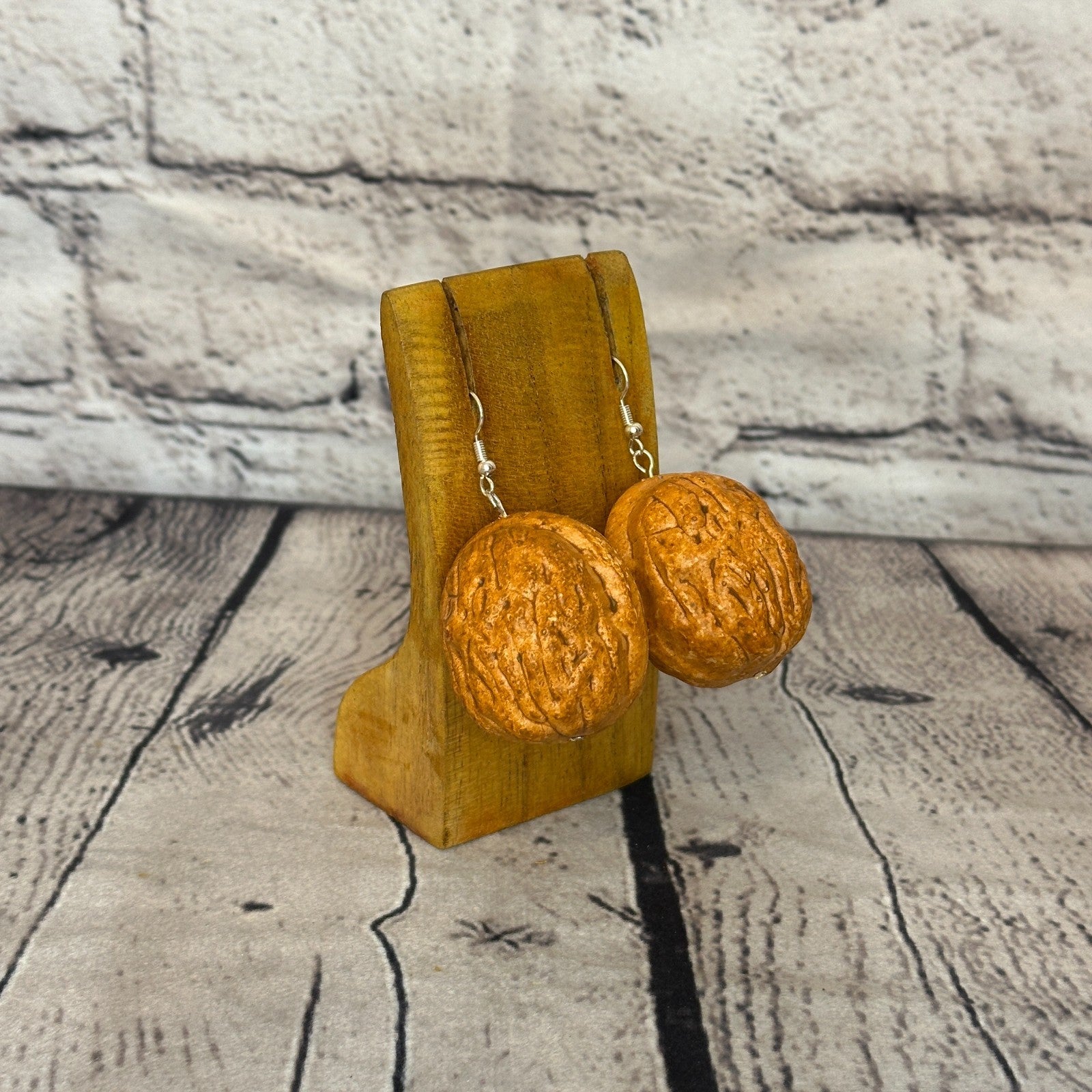 Walnut Plastic Novelty Party Dangle Drop Earrings Handmade UK Jewellery2