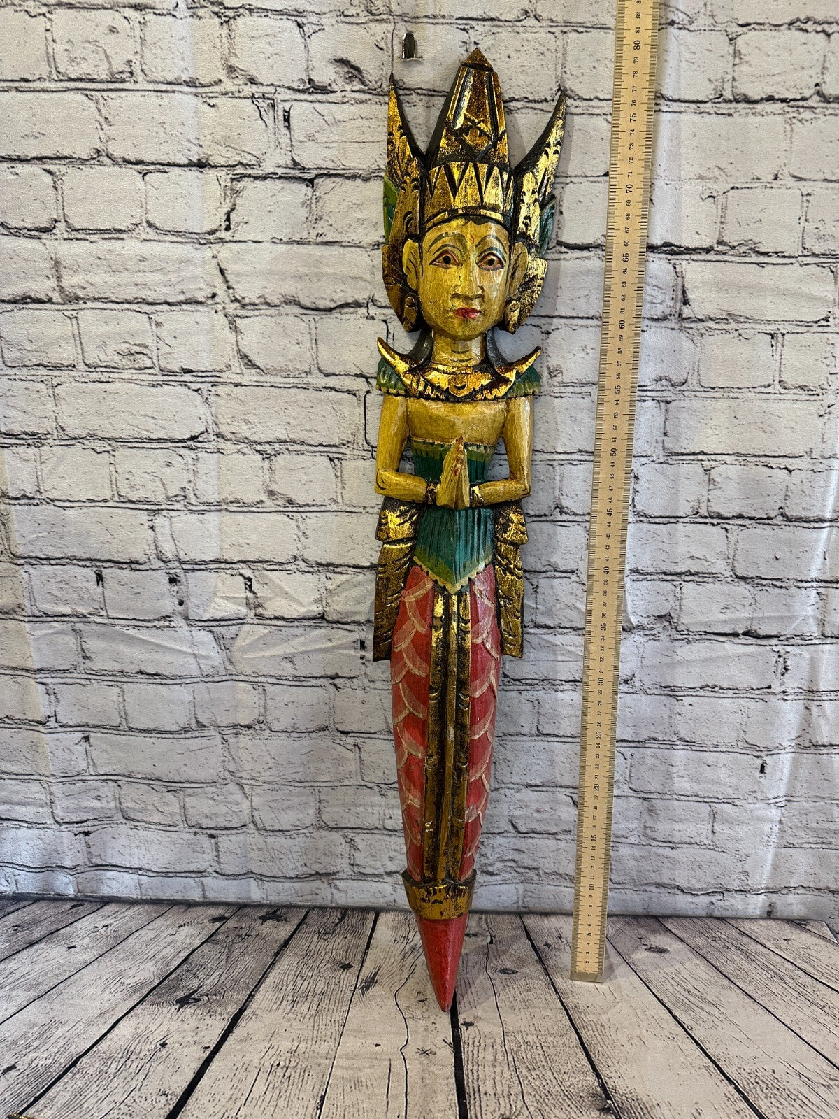 Old Antique Colour Sita Dewi Bali Rice Goddess Wings Mermaid Wood 80cm Pair5
