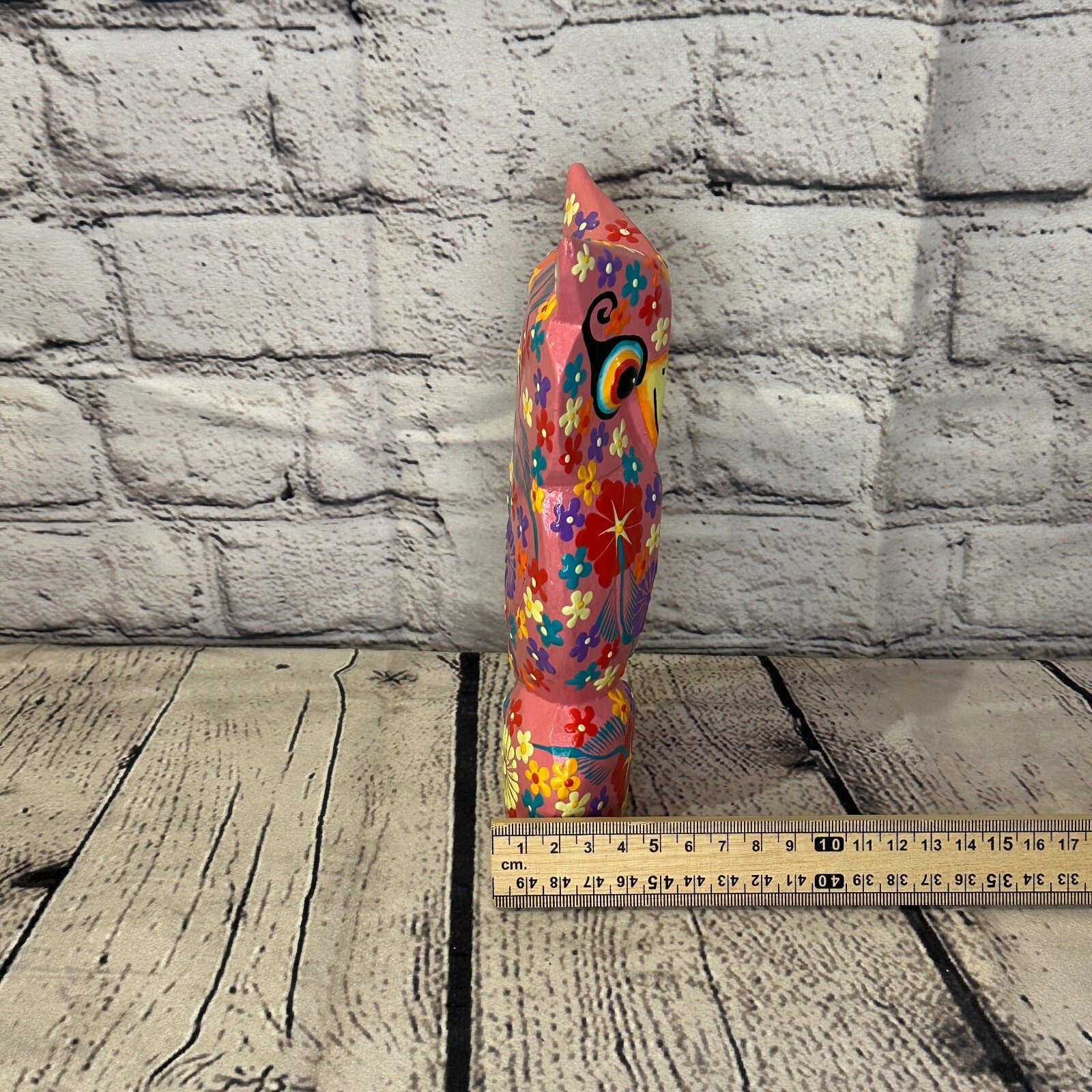 Pink Large Wooden Owl With Flower Pattern 20cm x 8cm Handmade and Fairtrade7