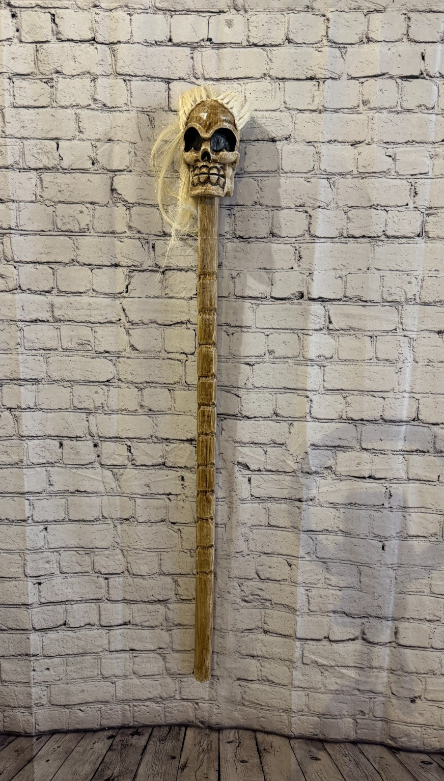 110cm Skeleton Skull With Hair Wood Stick Hand Carved Halloween Walking Staff2