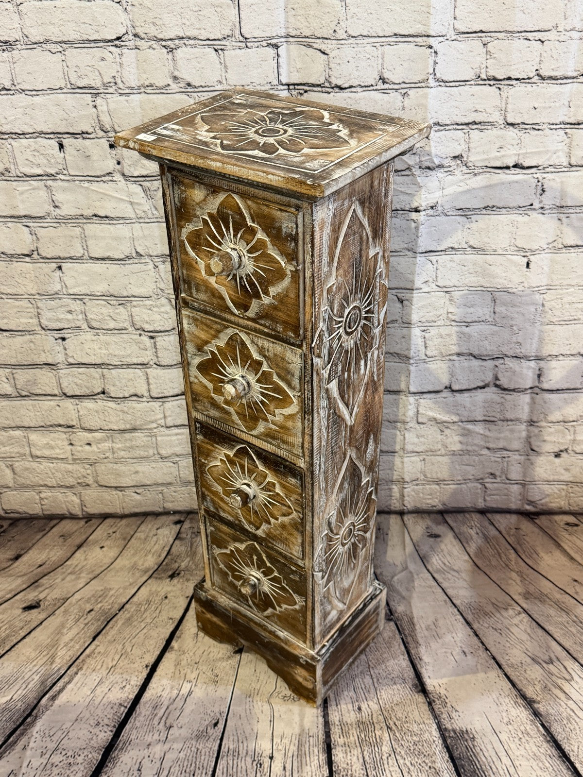 80cm x 25cm Brown 4 Draw Pillar Wooden Side Cabinet Living Storage Furniture0