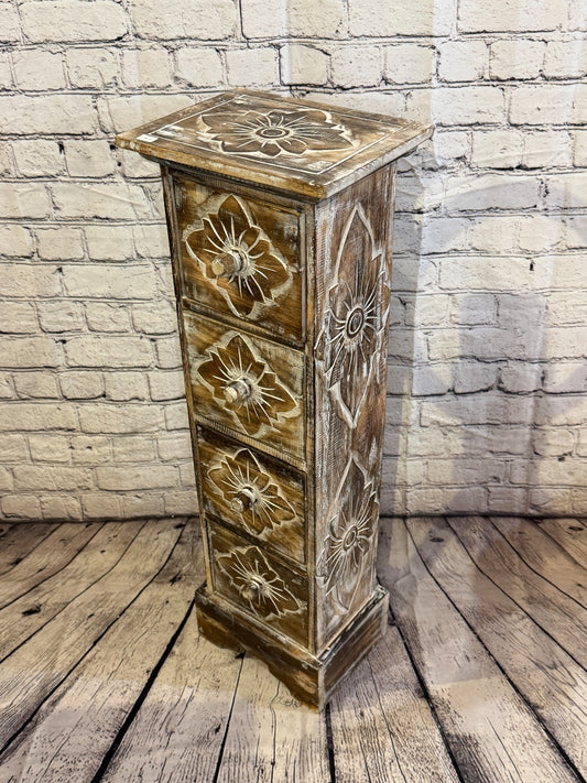 80cm x 25cm Brown 4 Draw Pillar Wooden Side Cabinet Living Storage Furniture0