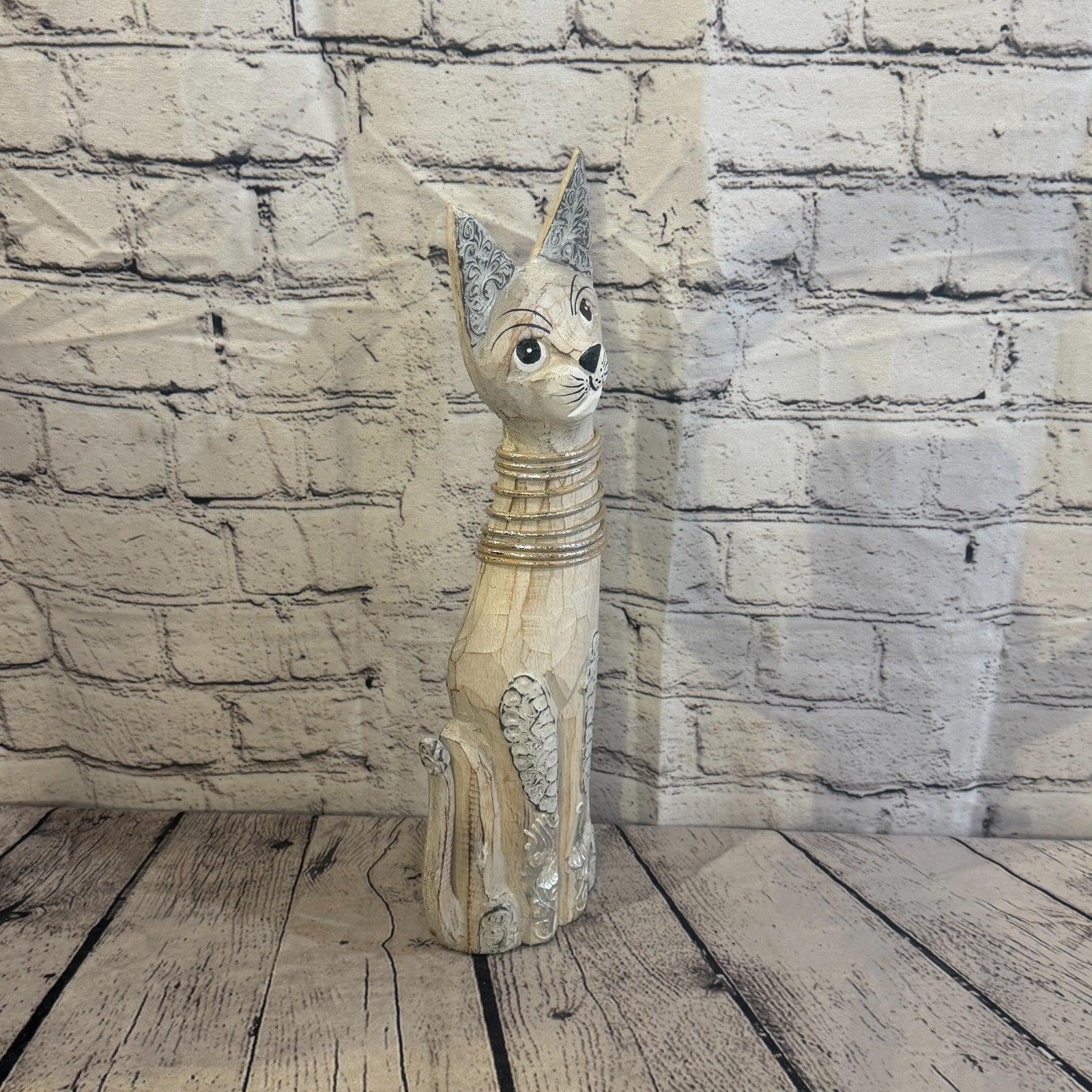 40cm White Silver Dots Wooden Shabby Cat Statue Ornament Fair Trade Handcarved2