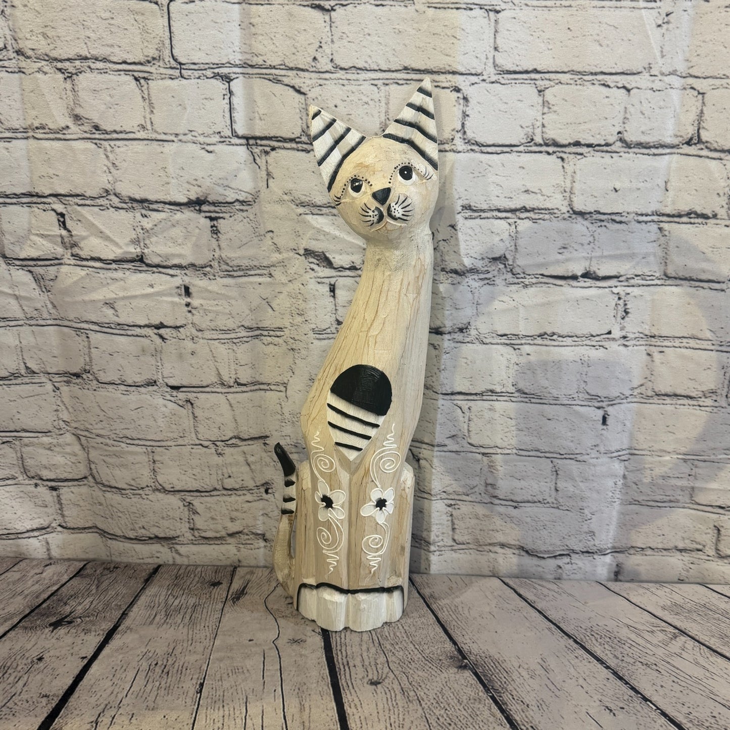 50cm White Flower Wooden Shabby Cat Statue Ornament Fair Trade Handcarved0