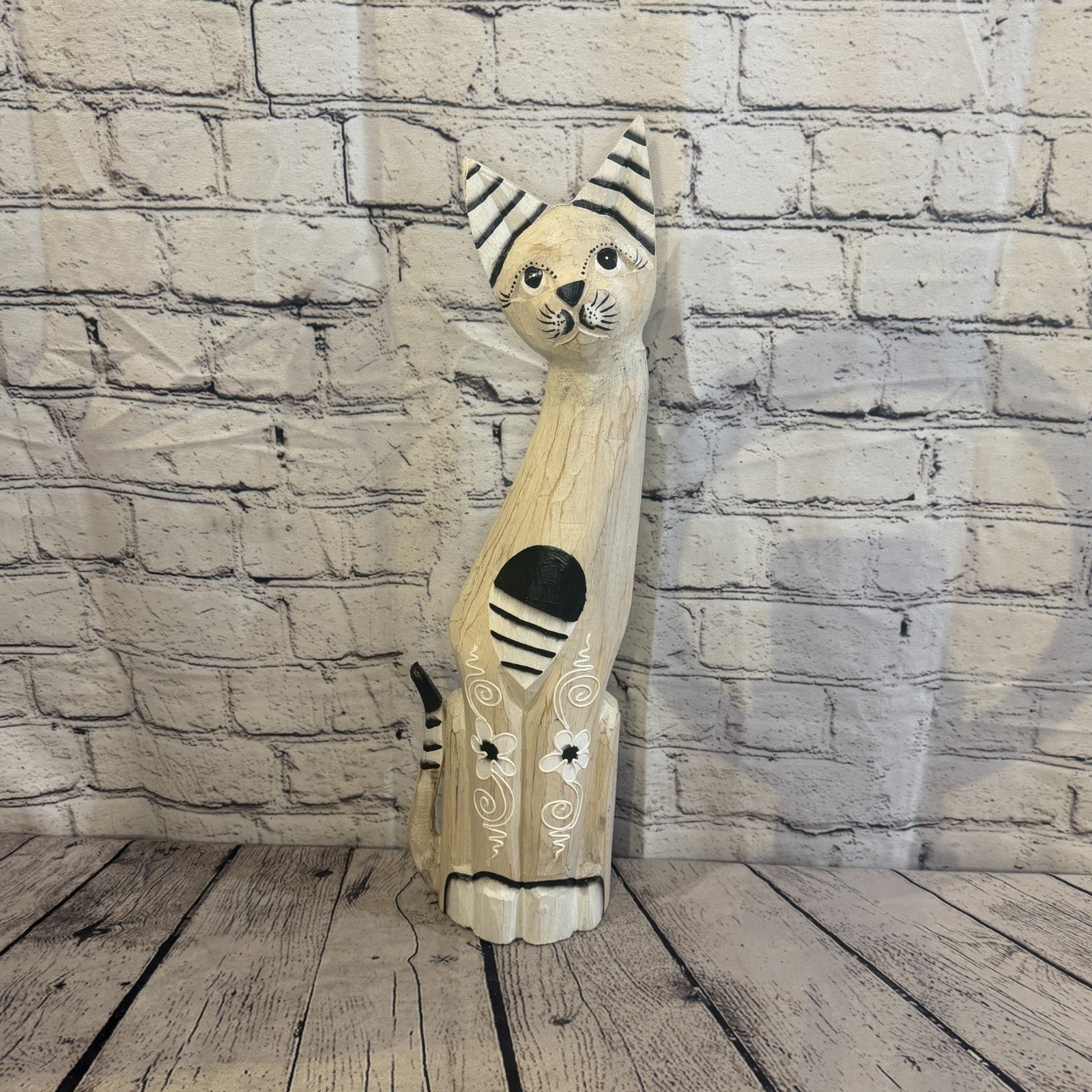 50cm White Flower Wooden Shabby Cat Statue Ornament Fair Trade Handcarved0
