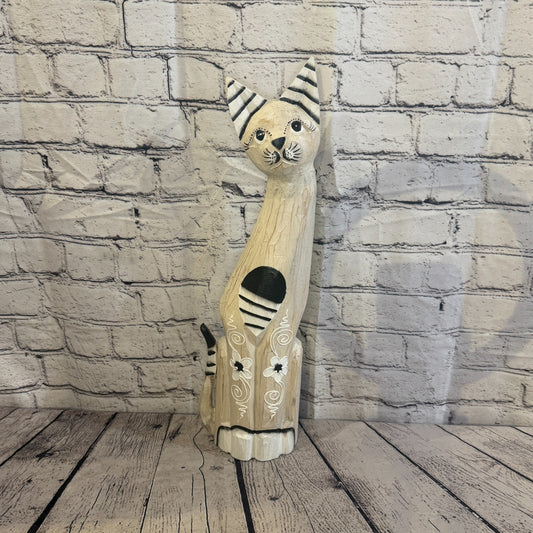 50cm White Flower Wooden Shabby Cat Statue Ornament Fair Trade Handcarved0