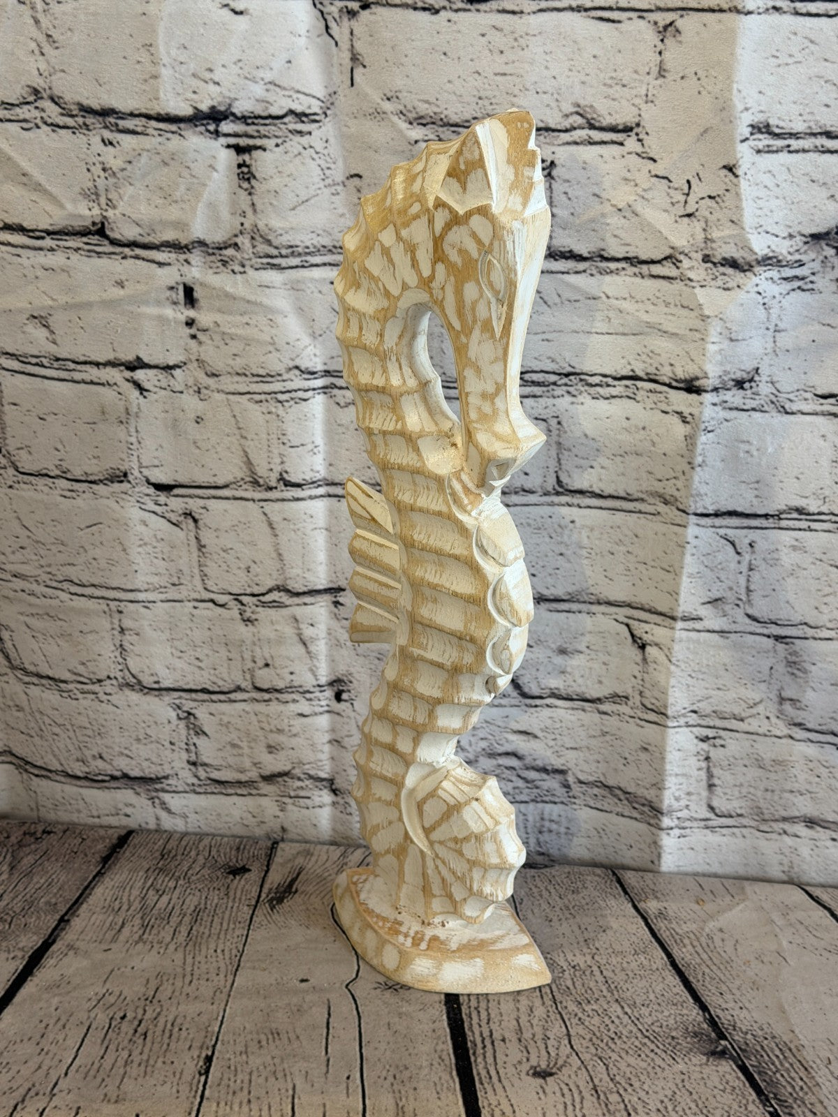 40cm White Wooden Shabby Seahorse Statue Ornament Fair Trade Handcarved2