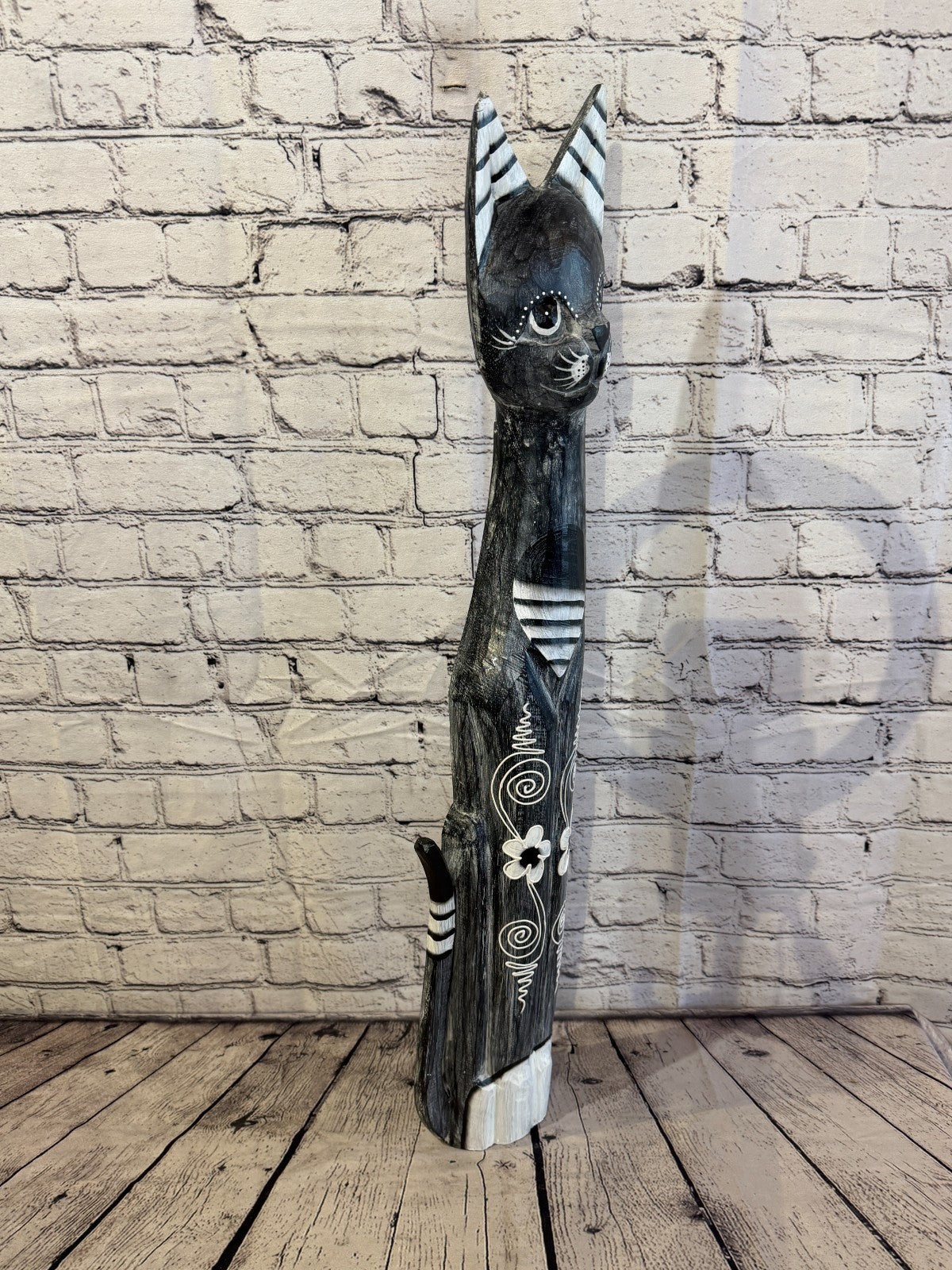 80cm Grey Flower Wooden Shabby Cat Statue Ornament Fair Trade Handcarved2