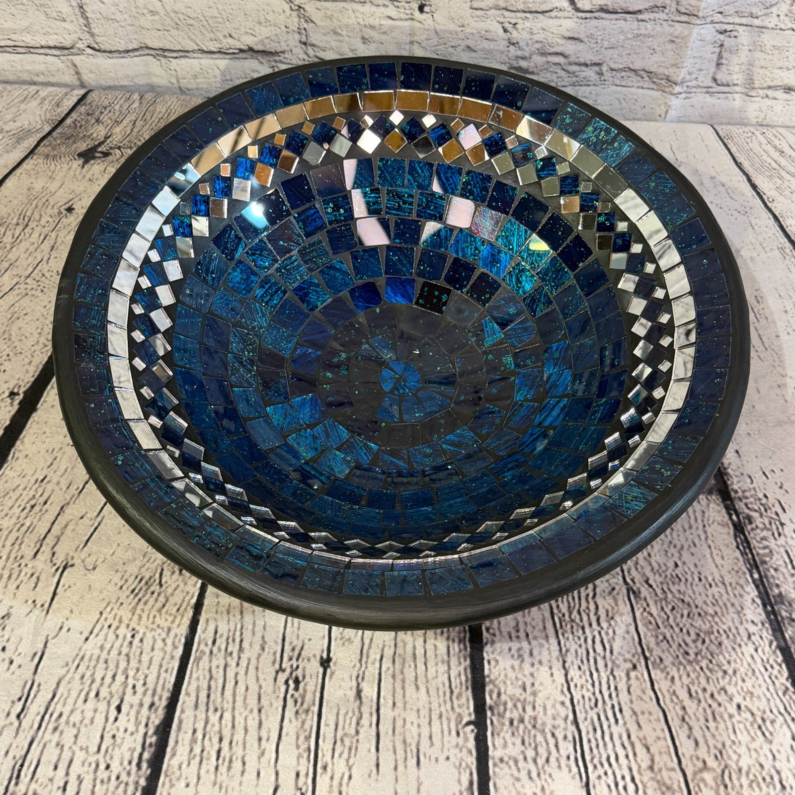35cm Indigo Blue Round Mirror Mosaic Handmade Ceramic Glass Tile Bowl Fruit0