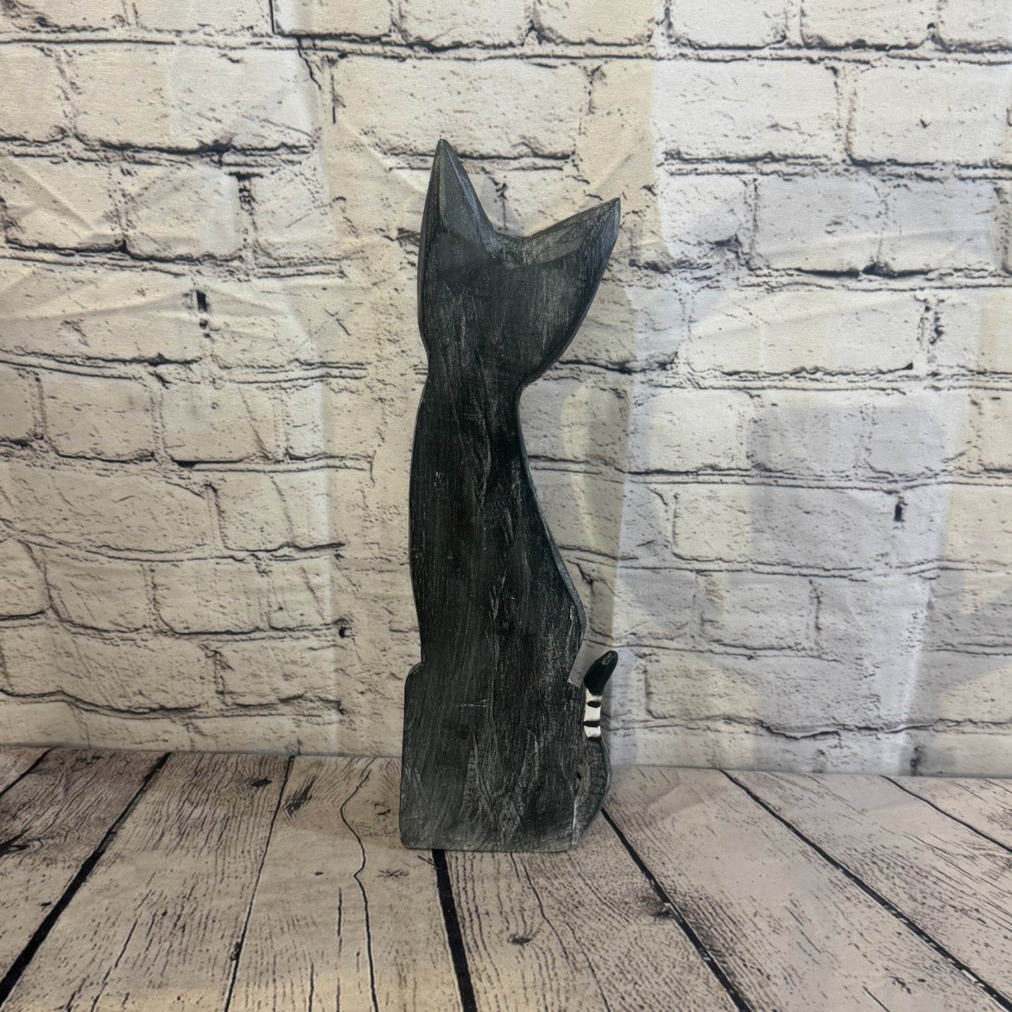 40cm Grey Flower Wooden Shabby Cat Statue Ornament Fair Trade Handcarved4