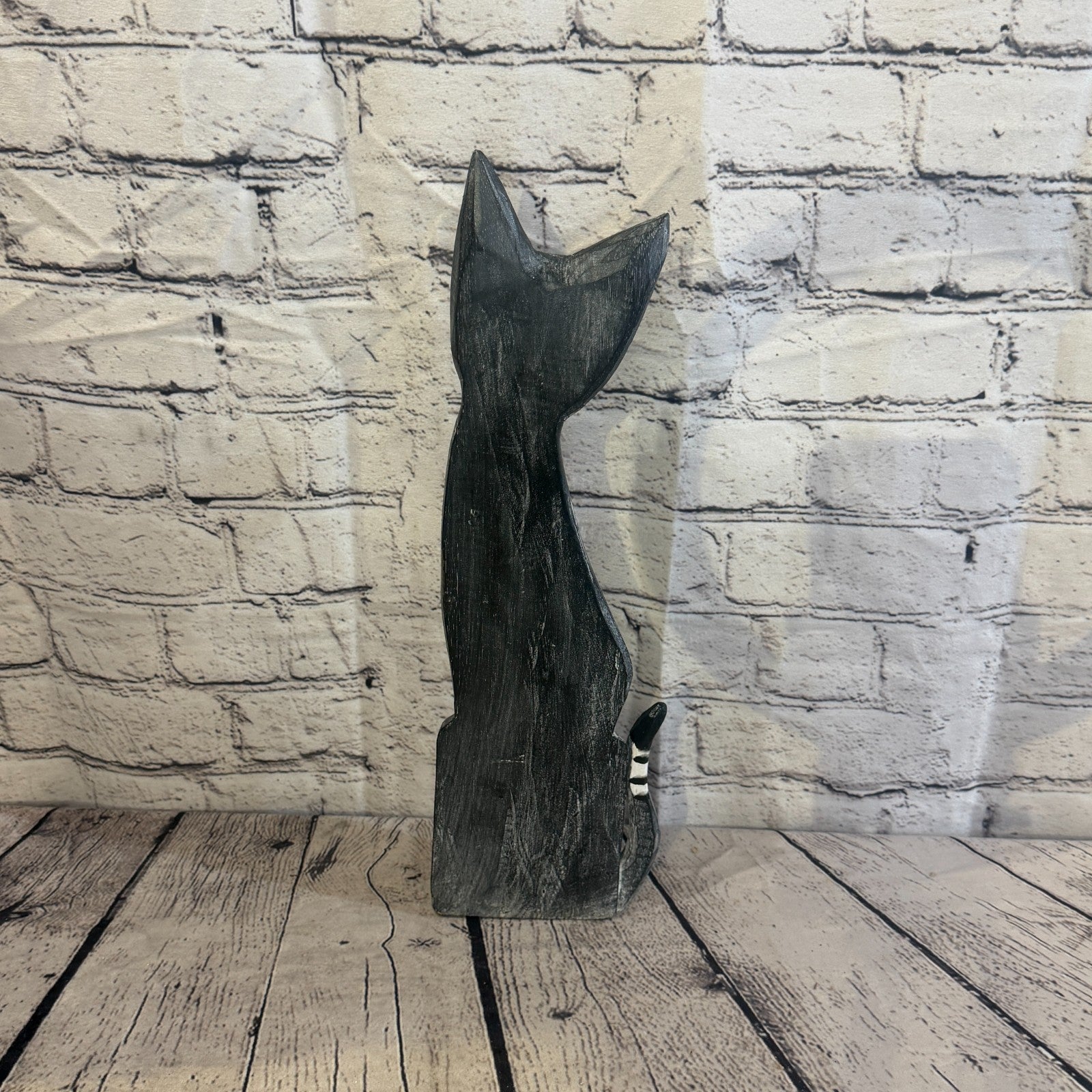 40cm Grey Flower Wooden Shabby Cat Statue Ornament Fair Trade Handcarved4