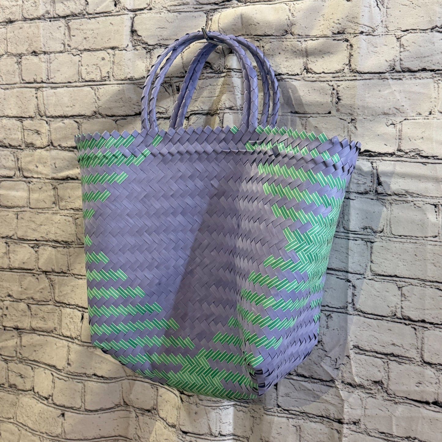 Green Purple 40cm Handwoven Tote Bag Recycled Plastic Eco-Friendly Market Beach1