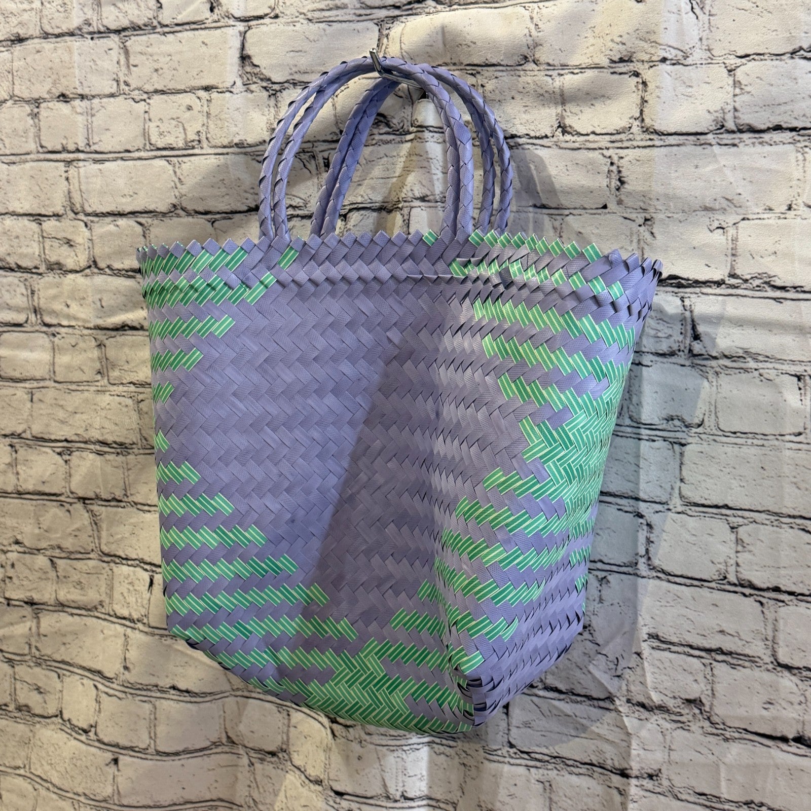 Green Purple 40cm Handwoven Tote Bag Recycled Plastic Eco-Friendly Market Beach1