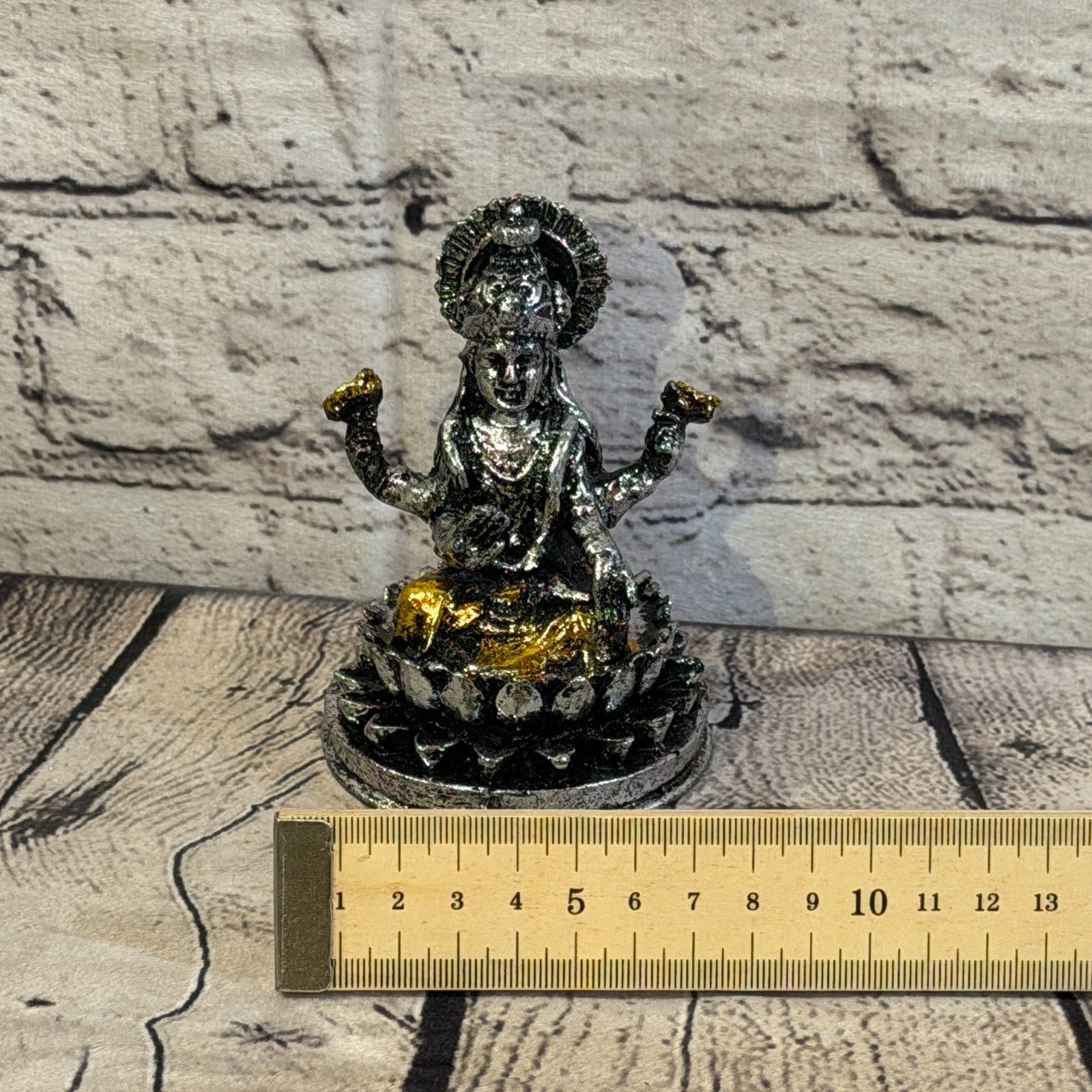Silver And Gold 12cm x 8cm Small Lakshmi Sitting Lotus Statue Resin Hindu God6