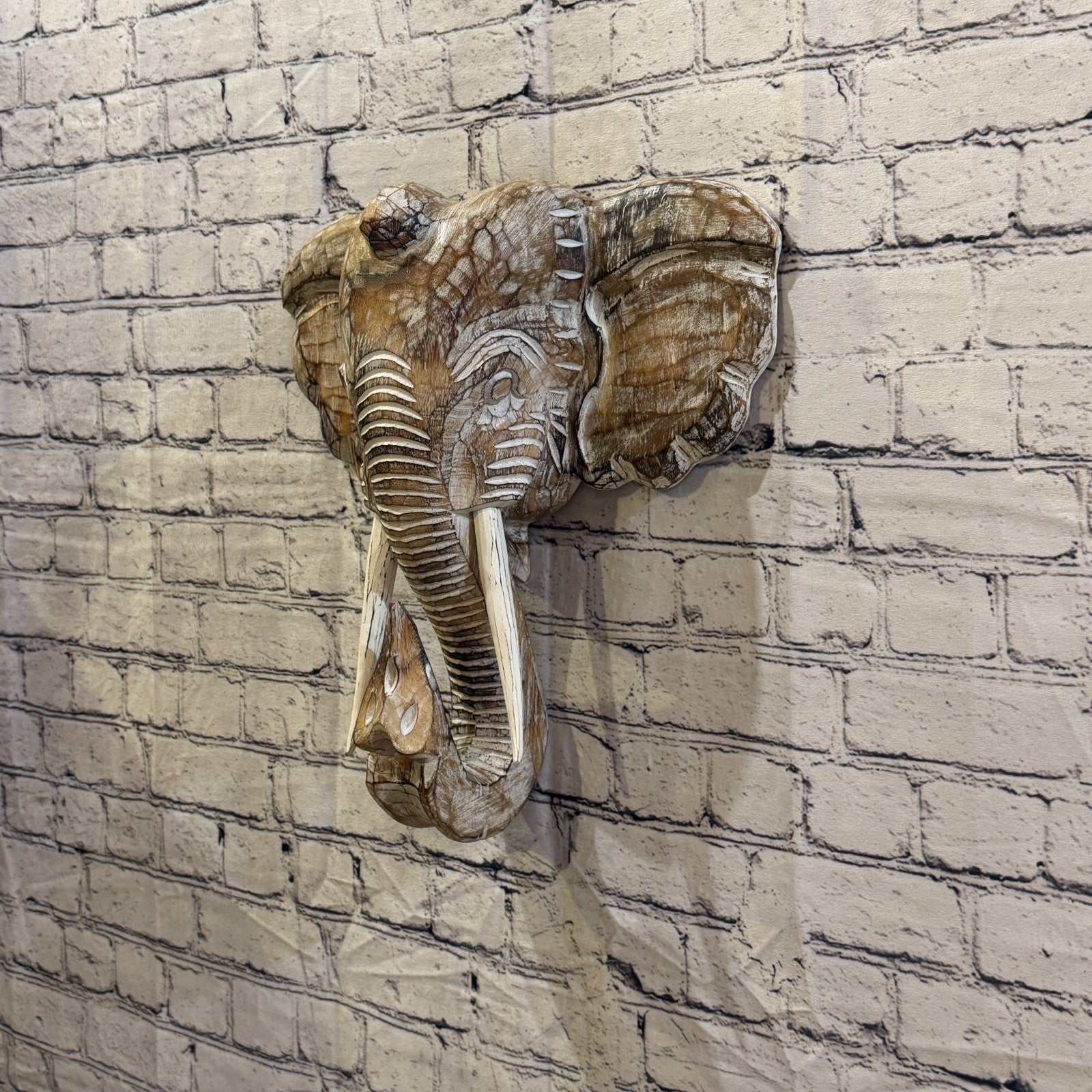 35cm x 35cm Plain Brown Painted Wood Elephant Head Wall Mounted Art Shabby1