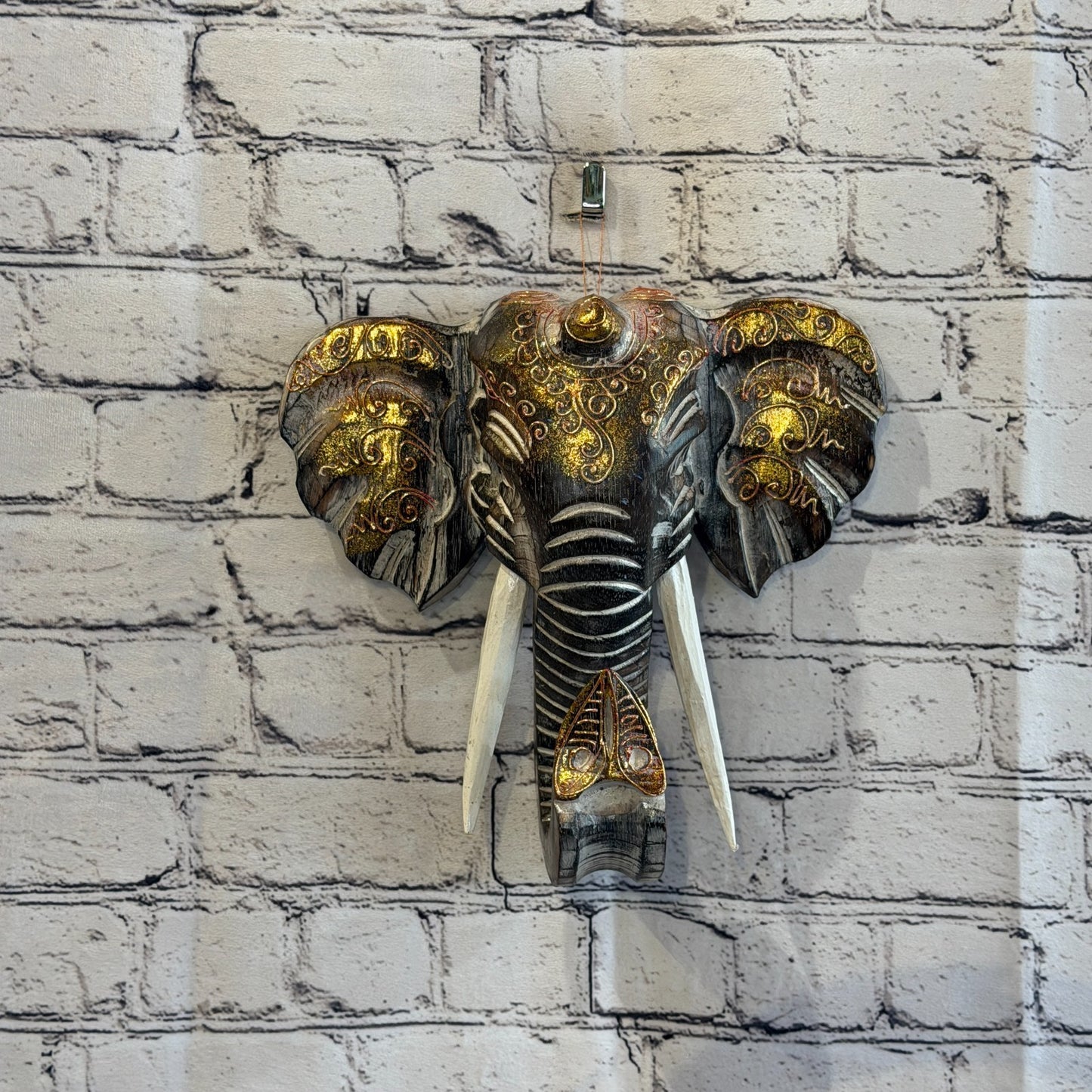 25cm x 25cm Brown Gold Painted Wood Elephant Head Wall Mounted Art Shabby2