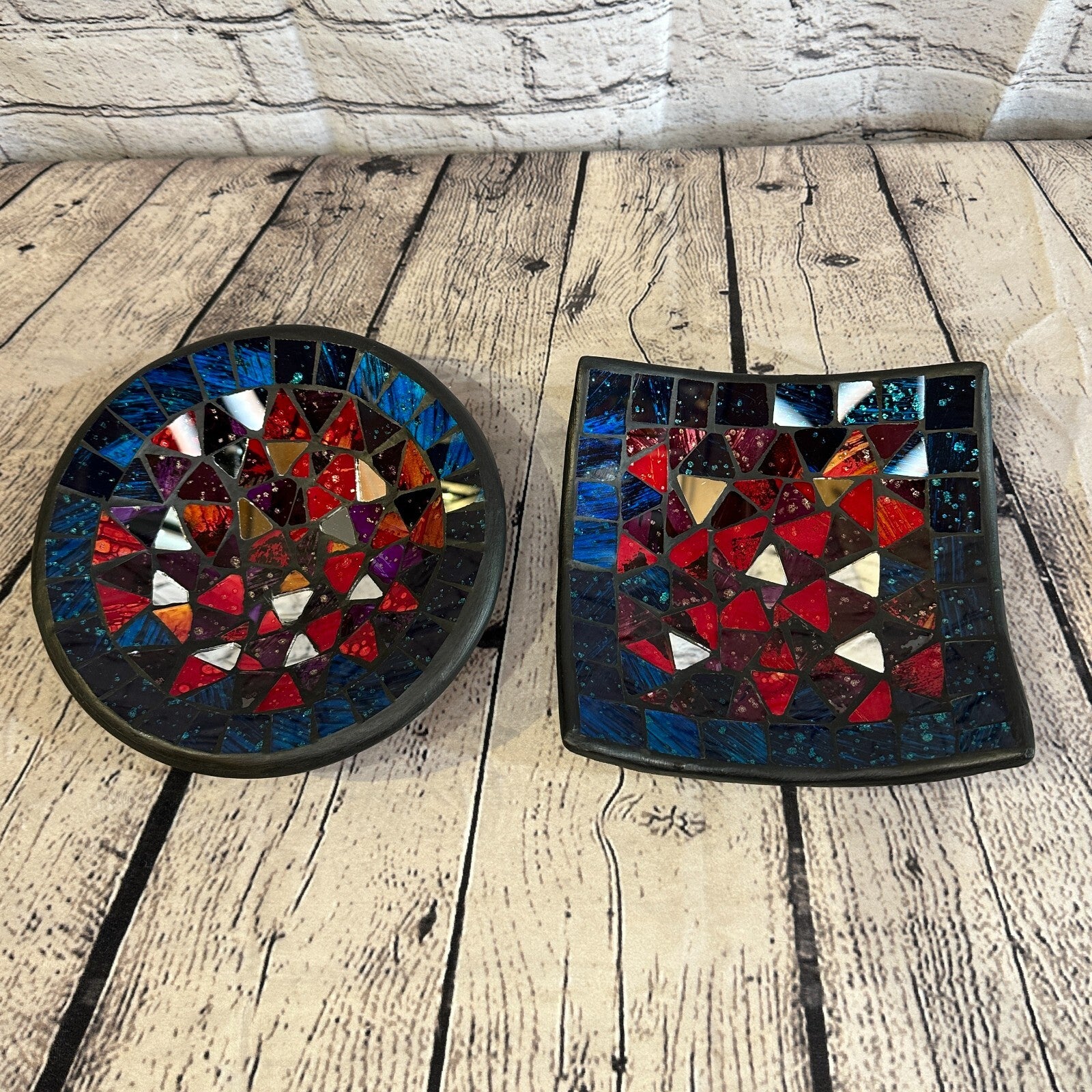 25cm Red Blue Silver Shards Square Mosaic Handmade Ceramic Glass Tile Bowl Fruit4