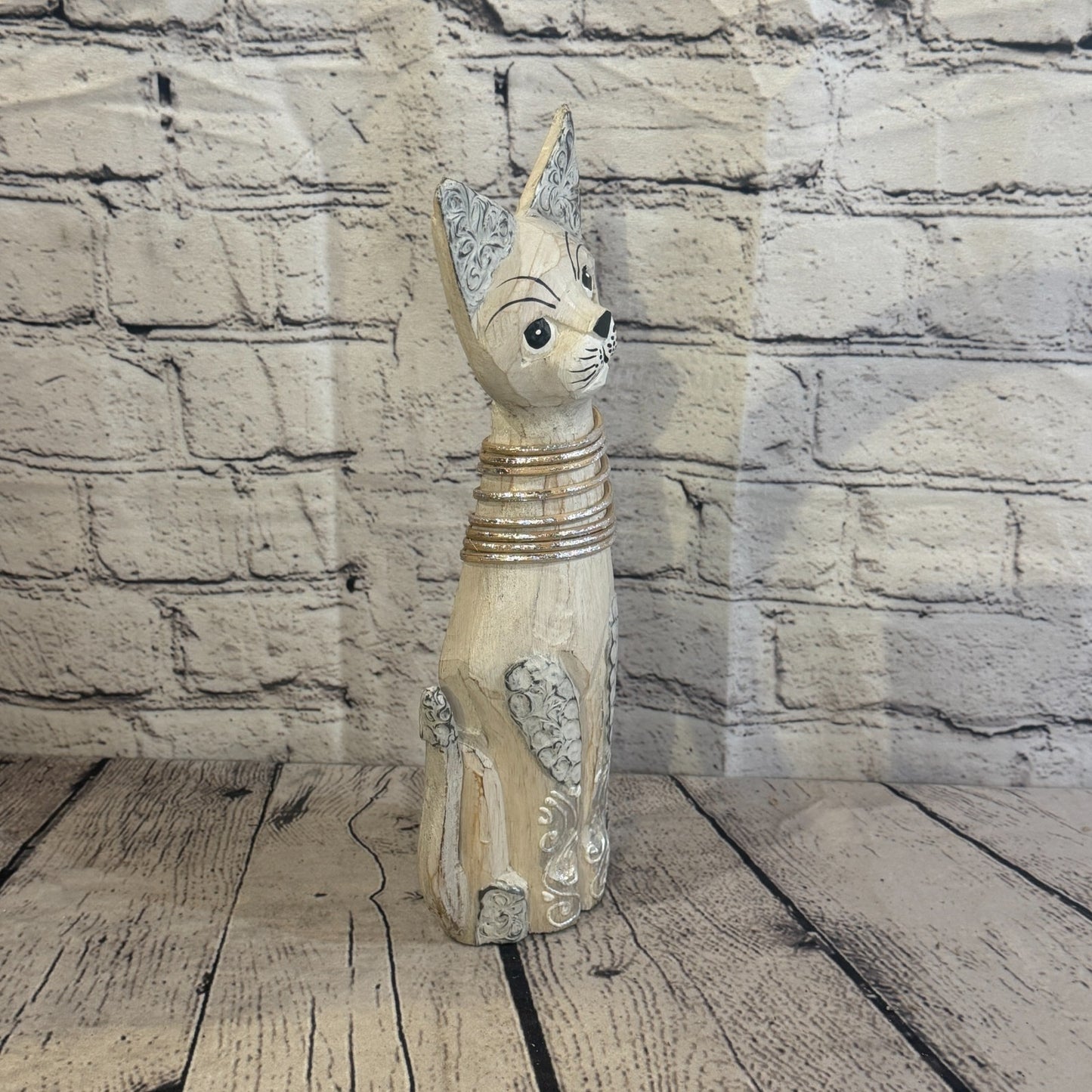 30cm White Silver Dots Wooden Shabby Cat Statue Ornament Fair Trade Handcarved2