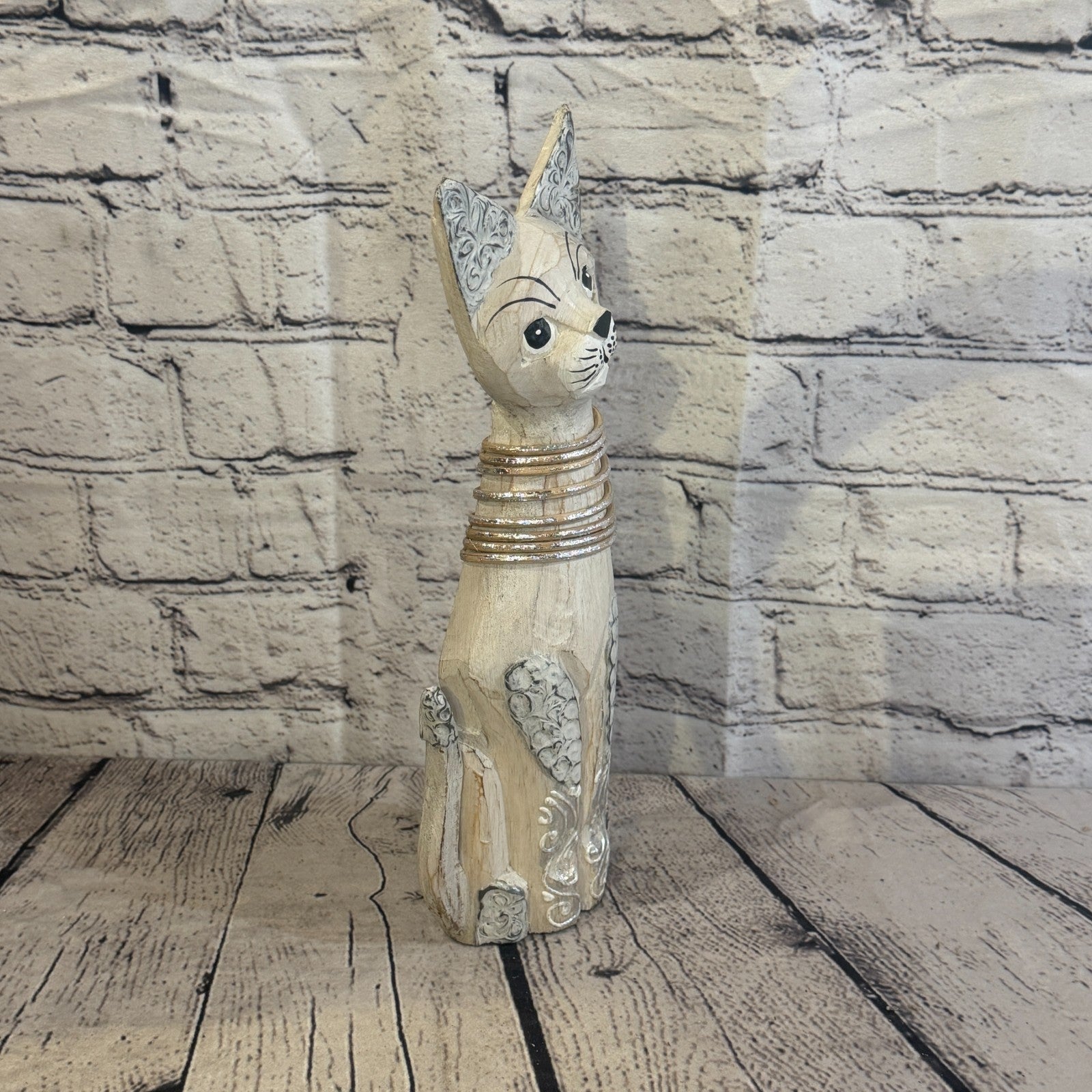 30cm White Silver Dots Wooden Shabby Cat Statue Ornament Fair Trade Handcarved2