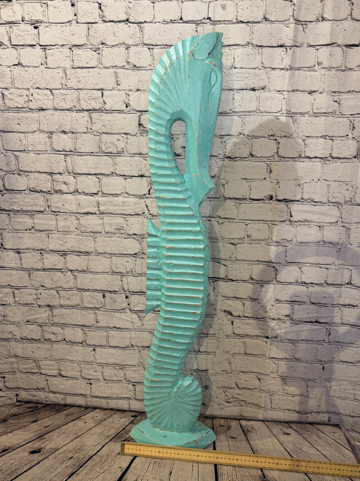 100cm Green Teal Wooden Shabby Seahorse Statue Ornament Fair Trade Handcarved6