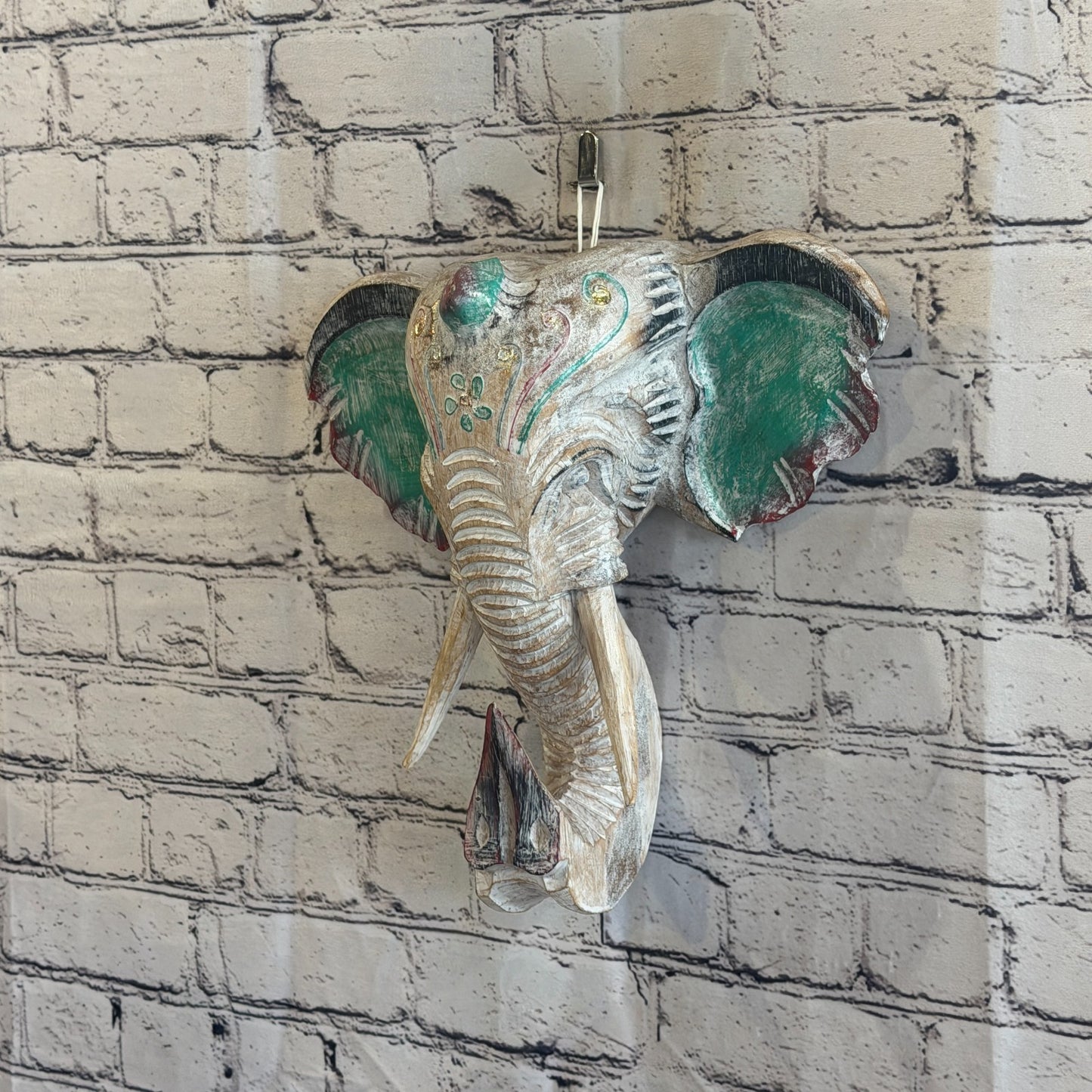 30cm x 30cm Silver Green Painted Wood Elephant Head Wall Mounted Art Shabby1