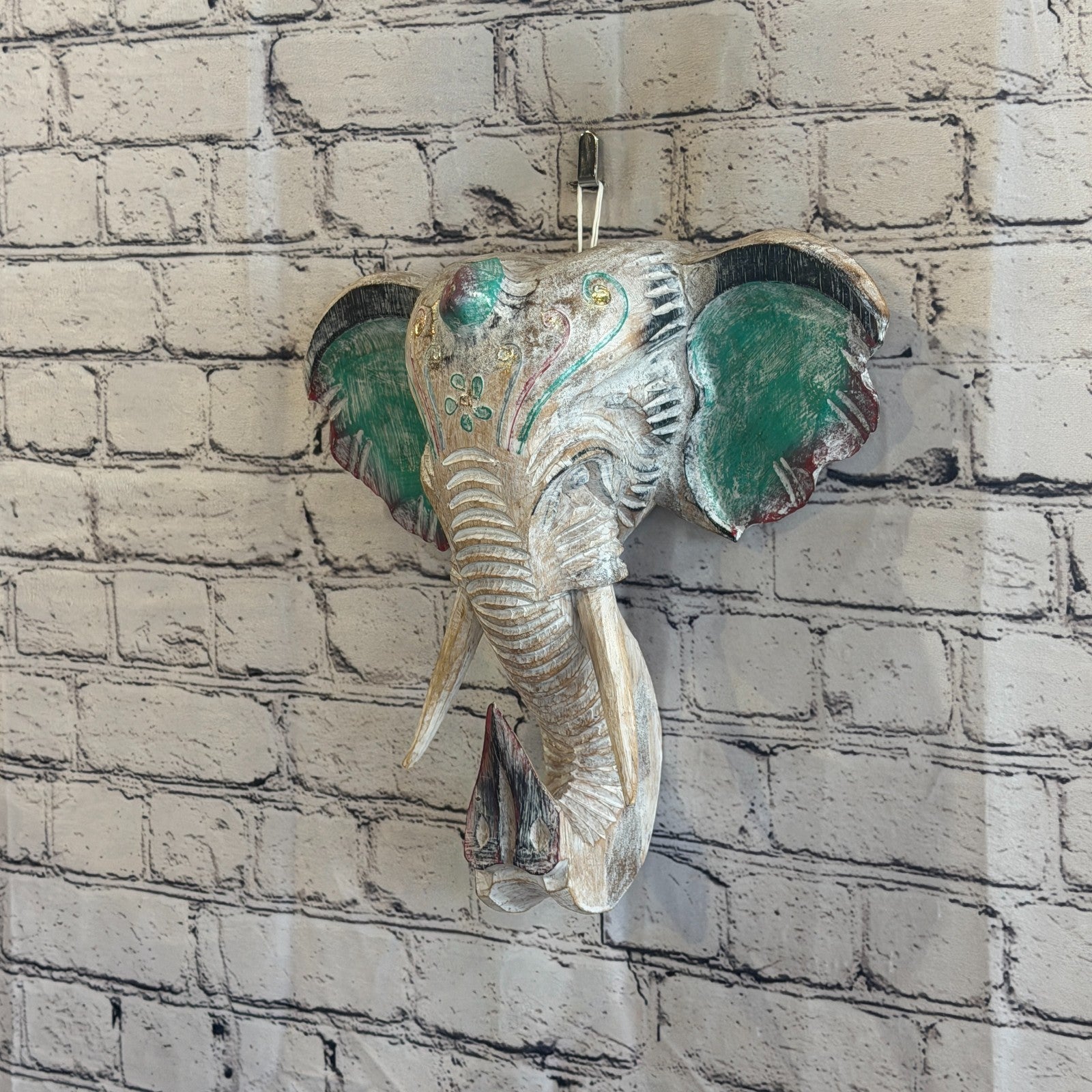 30cm x 30cm Silver Green Painted Wood Elephant Head Wall Mounted Art Shabby1
