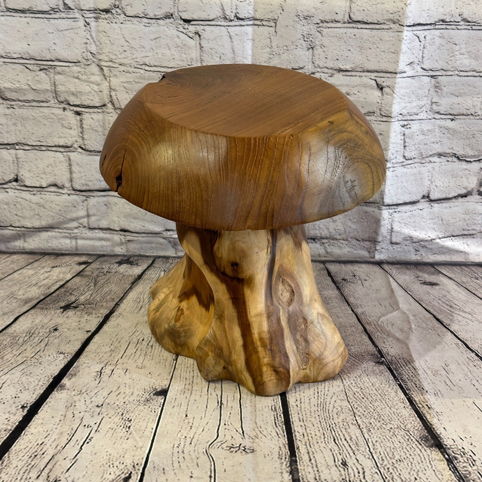 30cm x 25cm Wooden Mushroom Toadstool Sculpture Garden Teak Root Ornament Carved1