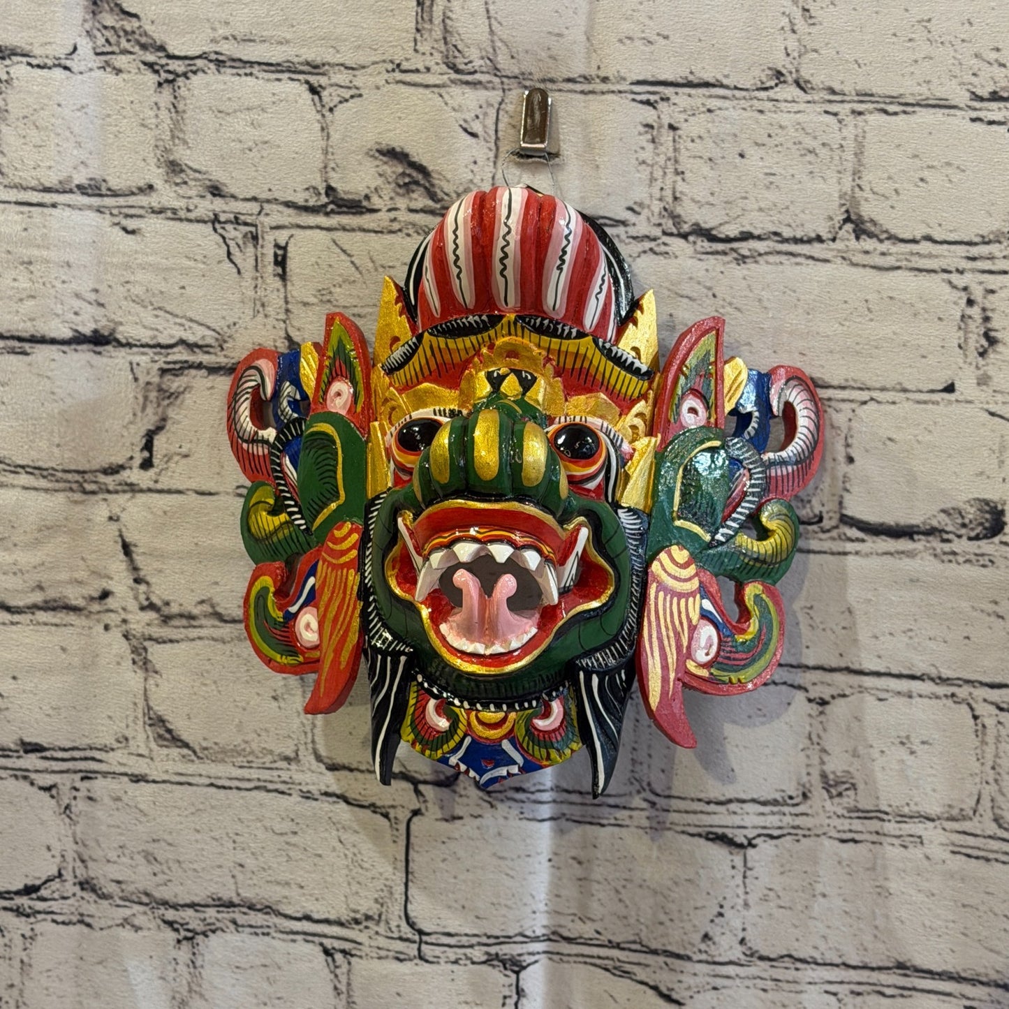 20cm Barong Wide Green Demon Dragon Hindu Deity Wooden Hand Carved Mask Painted3