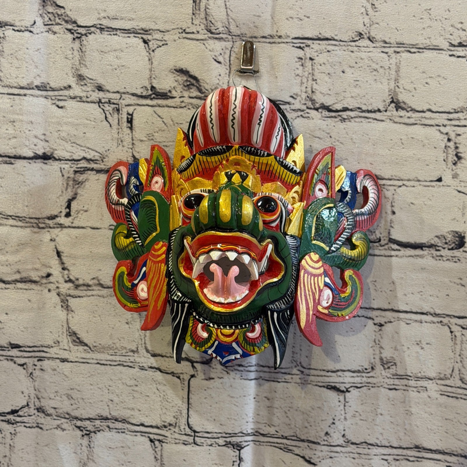 20cm Barong Wide Green Demon Dragon Hindu Deity Wooden Hand Carved Mask Painted3