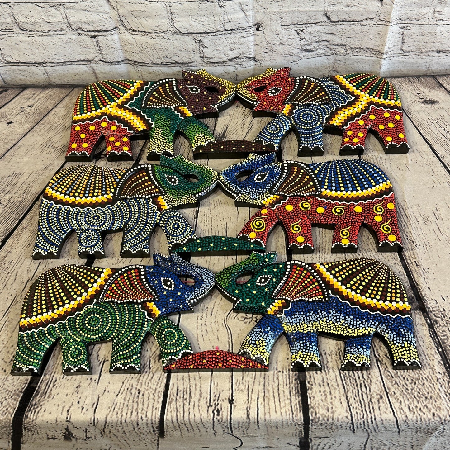 45cm 2 Elephants Carved Wooden Dot Painted Ethnic Tribal Tiki Wall Handmade No 36