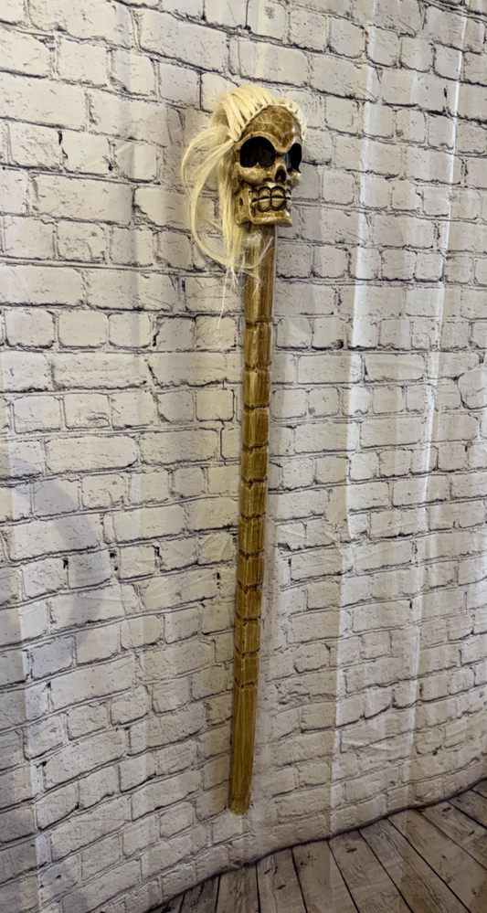 110cm Skeleton Skull With Hair Wood Stick Hand Carved Halloween Walking Staff0