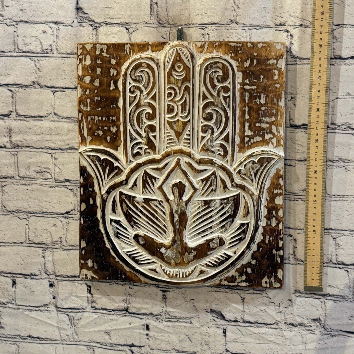 40cm x 35cm Hand Of Fatima Brown Wooden Wood Panel Wall Art Plaque Handcarved4