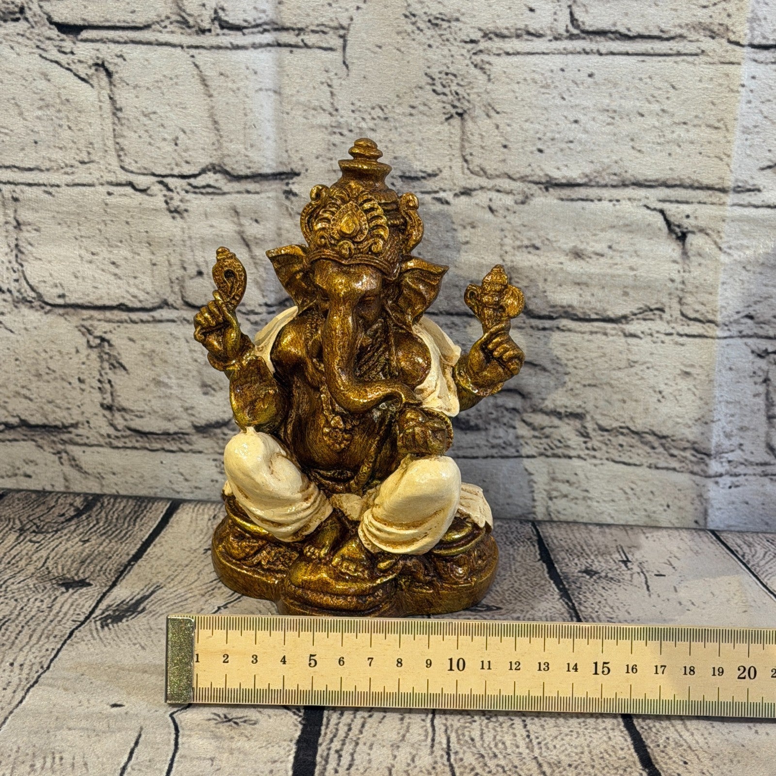 Cream & Bronze 18cm Large Ganesh Ganesa Sitting On Lotus Statue Resin Hindu6