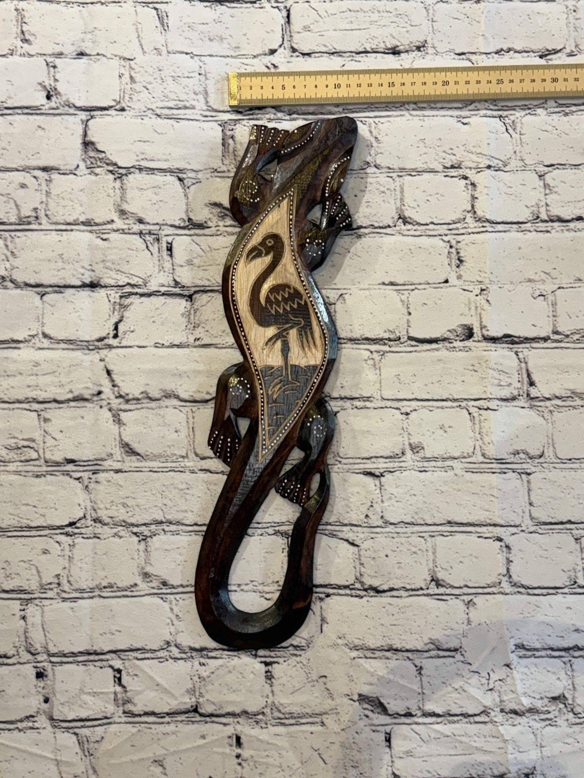50cm Flamingo Gecko Carved Wooden Brown Work Painted Ethnic Tribal Tiki Wall Art3