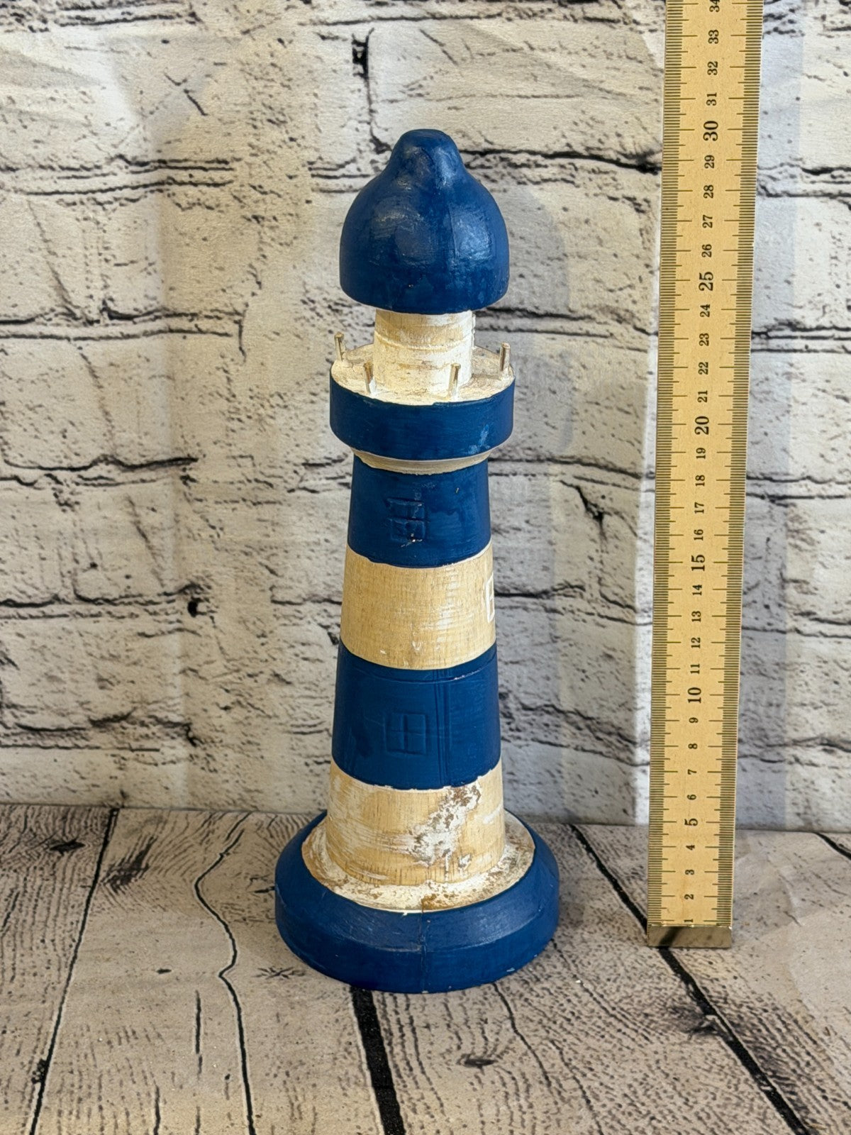 30cm Blue White Wooden Lighthouse Ornament Nautical Coastal Sculpture Statue3