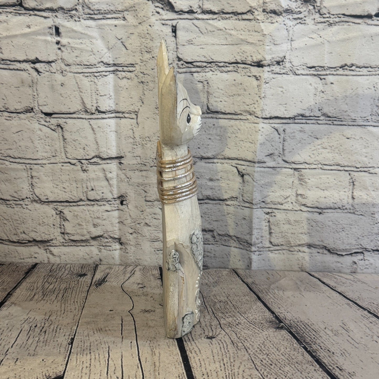 30cm White Silver Dots Wooden Shabby Cat Statue Ornament Fair Trade Handcarved3
