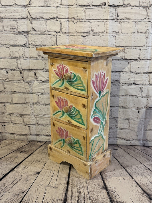 50cm x 25cm Flower 3 Draw Pillar Wooden Side Cabinet Living Storage Furniture0