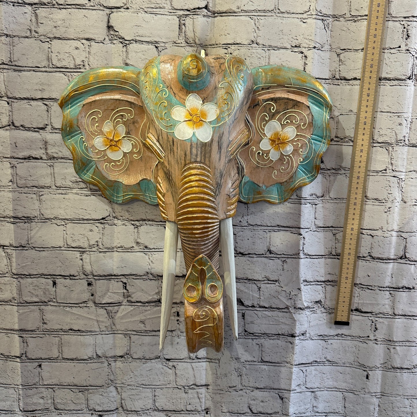 50cm x 45cm Green Flower Painted Wood Elephant Head Wall Mounted Art Shabby4