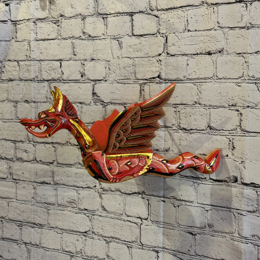 40cm Red Dragon Folk Art Carved Wood Flying Winged Mobile Spirit Chaser Guardian0