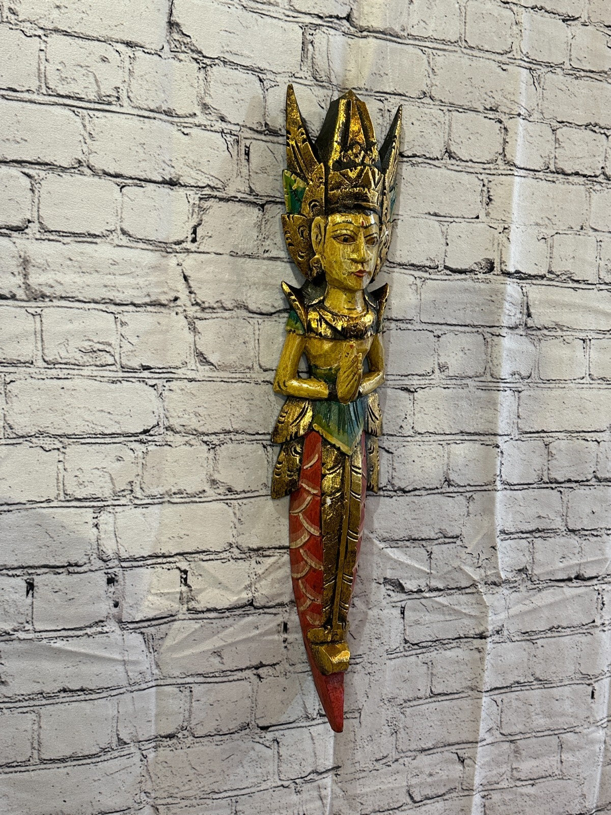 Old Antique Colour Sita Dewi Bali Rice Goddess Wings Mermaid Wood 60cm Pair3