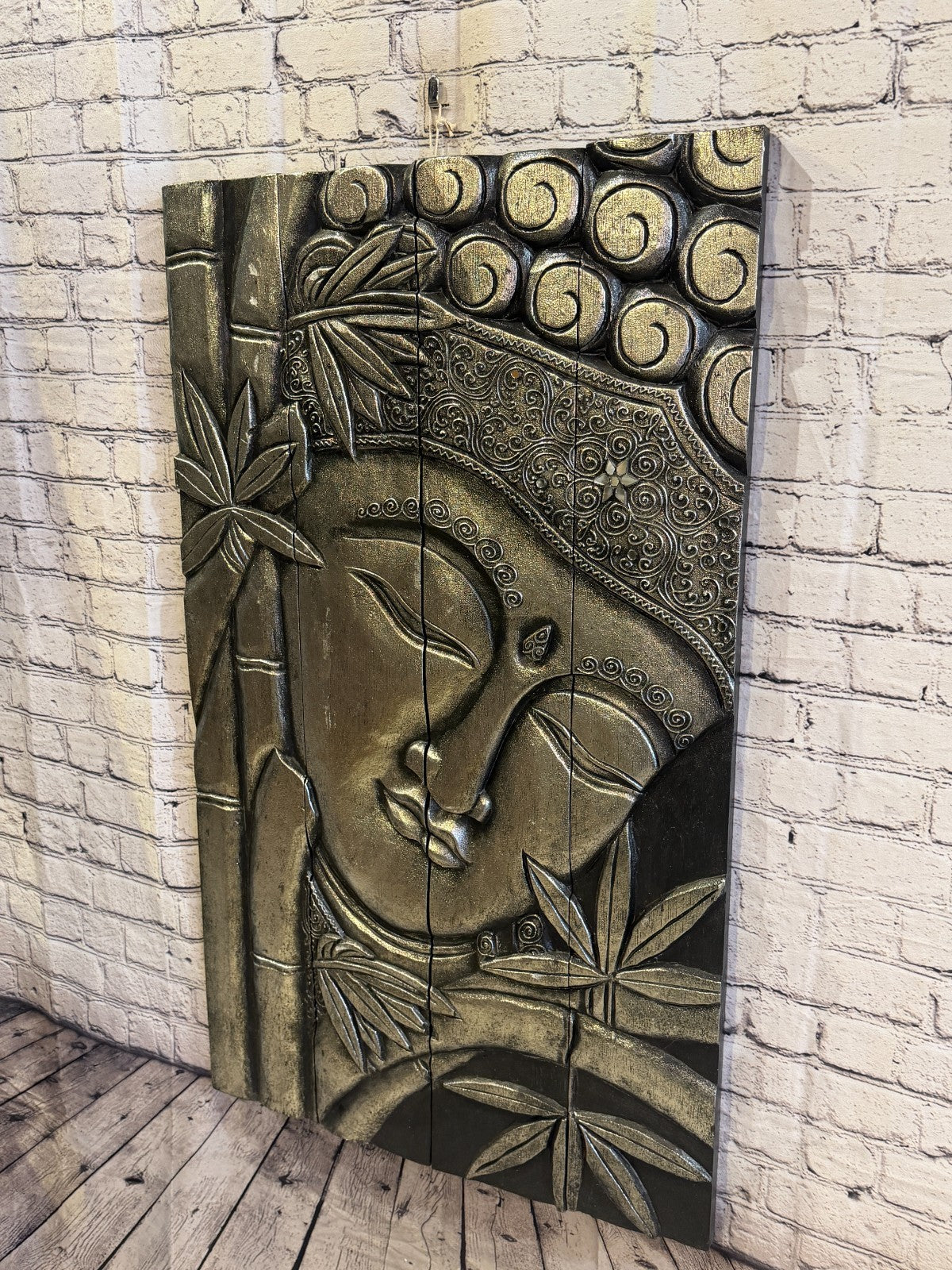 100cm x 60cm Silver Black Buddha Wall Art Plaque Handcarved Wooden Wood Panel1
