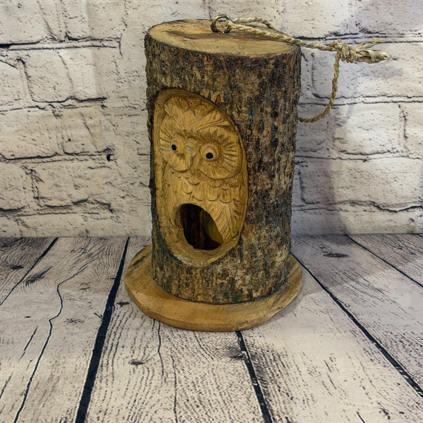 Owl Of The Woods Bird House 20cm Carved Wizard Tree Trunk Wood Fairtrade0