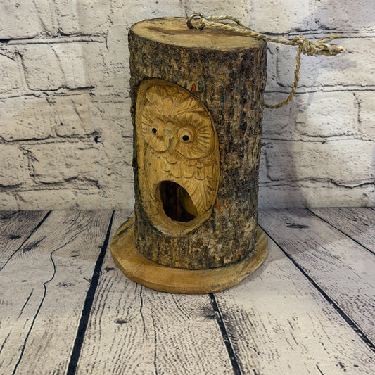 Owl Of The Woods Bird House 20cm Carved Wizard Tree Trunk Wood Fairtrade0