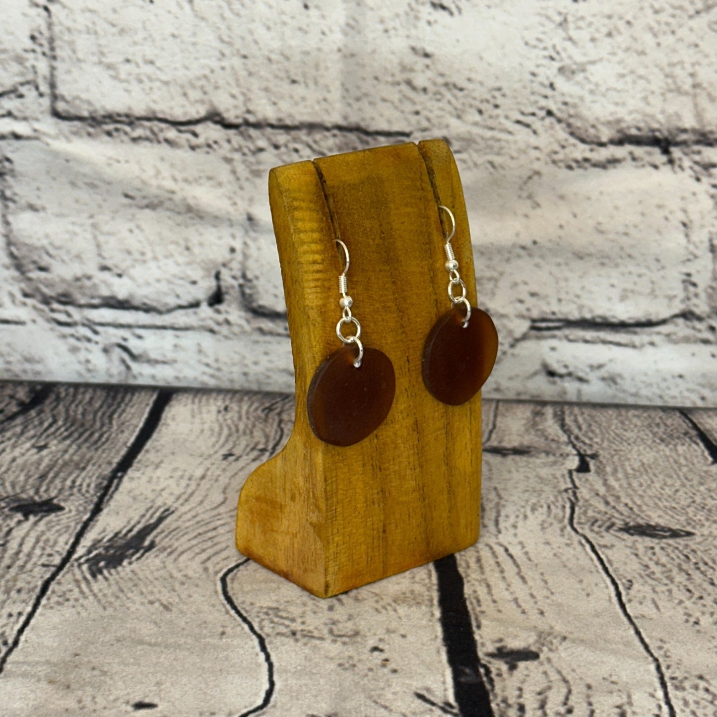 Brown Recycled Round Silver Plate Dangle Drop Earrings Handmade UK Jewellery2