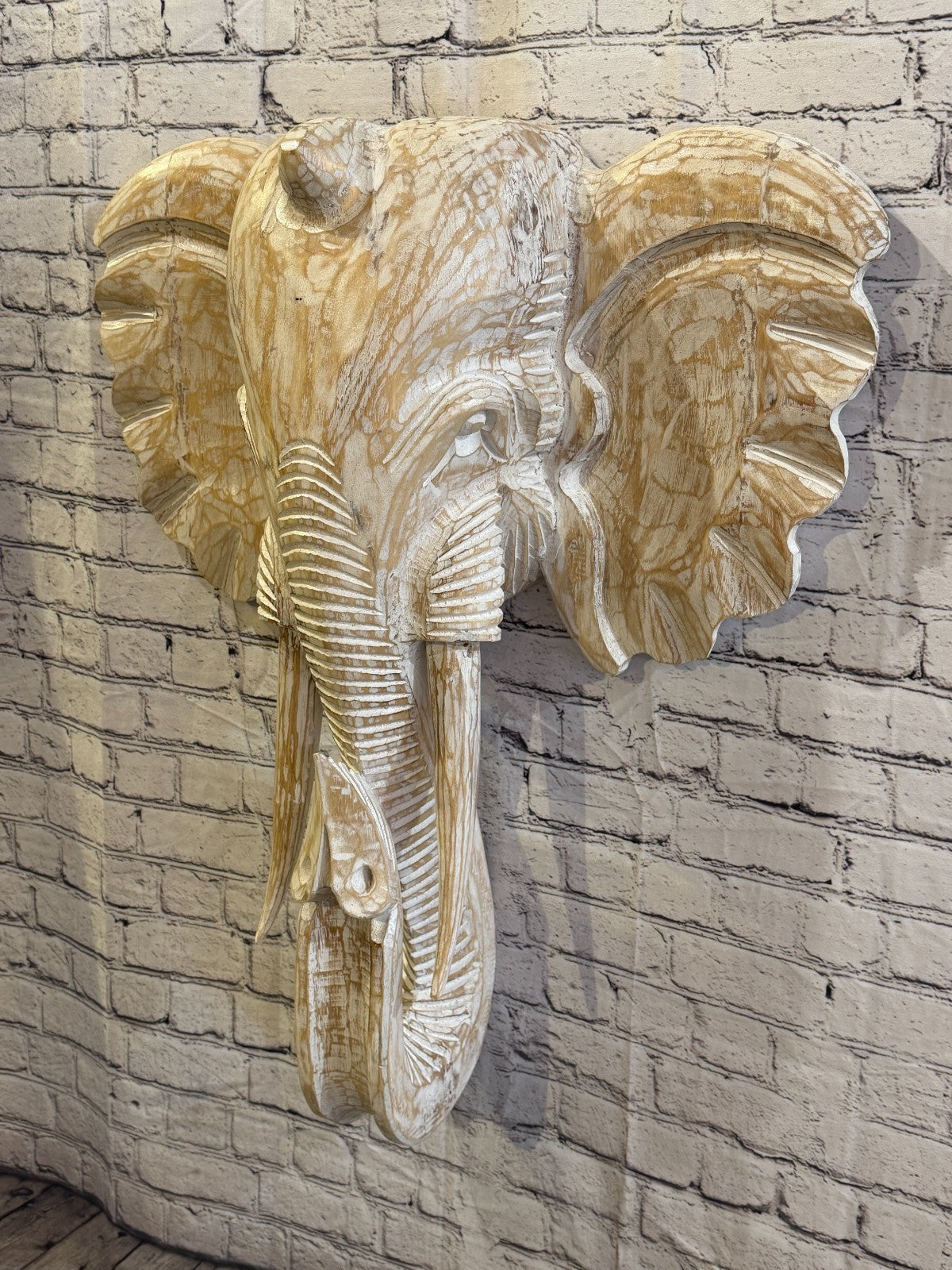 80cm x 65cm White Carved Wood Elephant Head Wall Mounted Art Large Shabby1