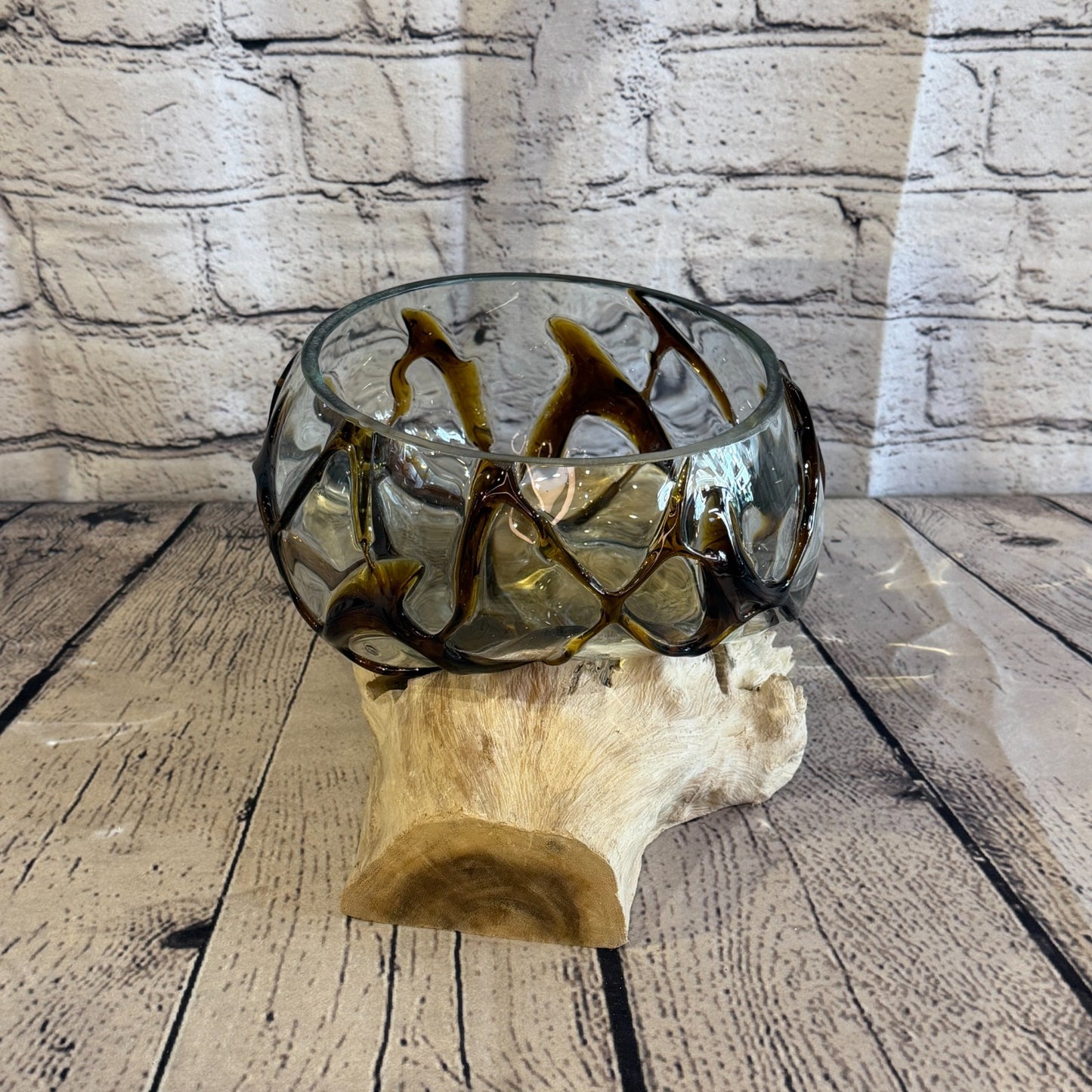 30cm Long Brown Streak Melted Glass Wood Decorative Bowl Glass Sculpture Crafted1