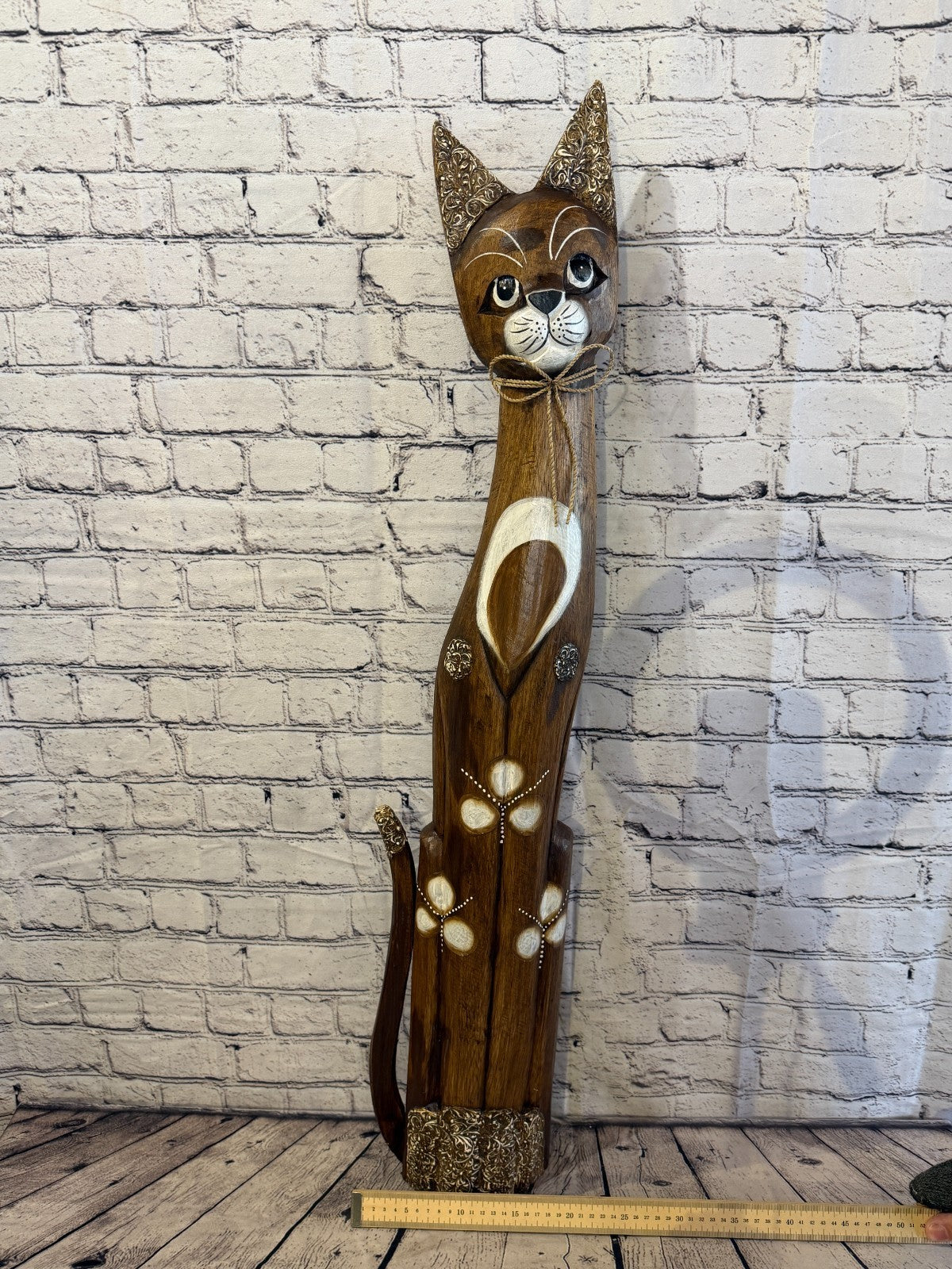 100cm Brown Silver Dots Wooden Shabby Cat Statue Ornament Fair Trade Handcarved6