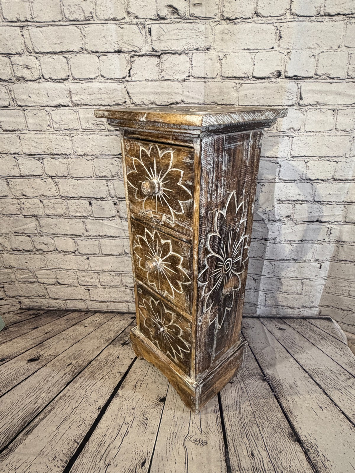 60cm x 25cm Brown 3 Draw Pillar Wooden Side Cabinet Living Storage Furniture0